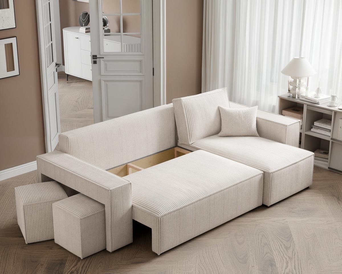 ECKSOFA PARIS mit Schlaffunktion und Bettkasten Creme - Ecru, Kunststoff/Textil (262/145cm) - Idohome