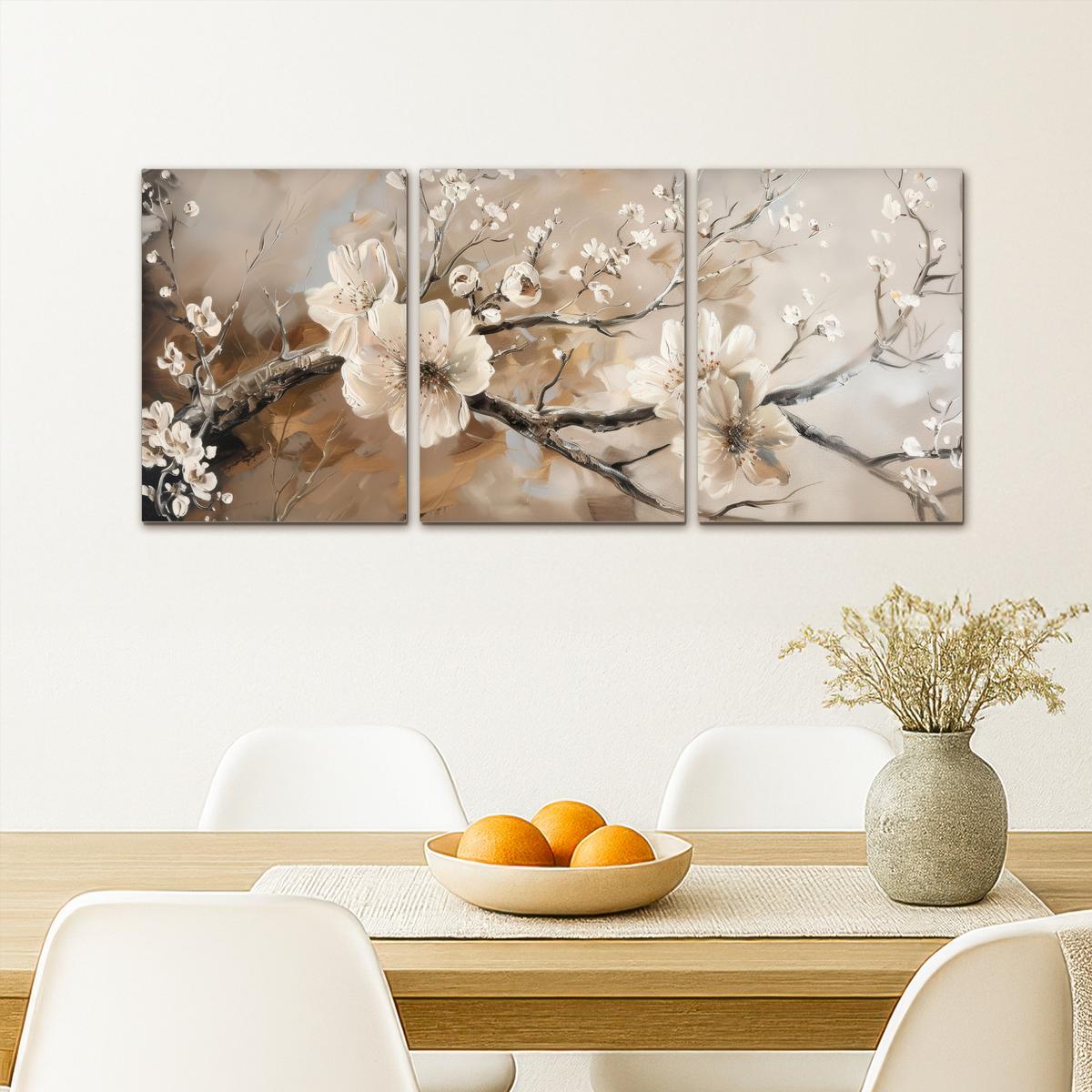 LEINWANDBILD 3er Set Blüte - Beige - Abstrakt - Blumen 90x40 cm - Hellbraun, Textil (90/40cm) - MuchoWow