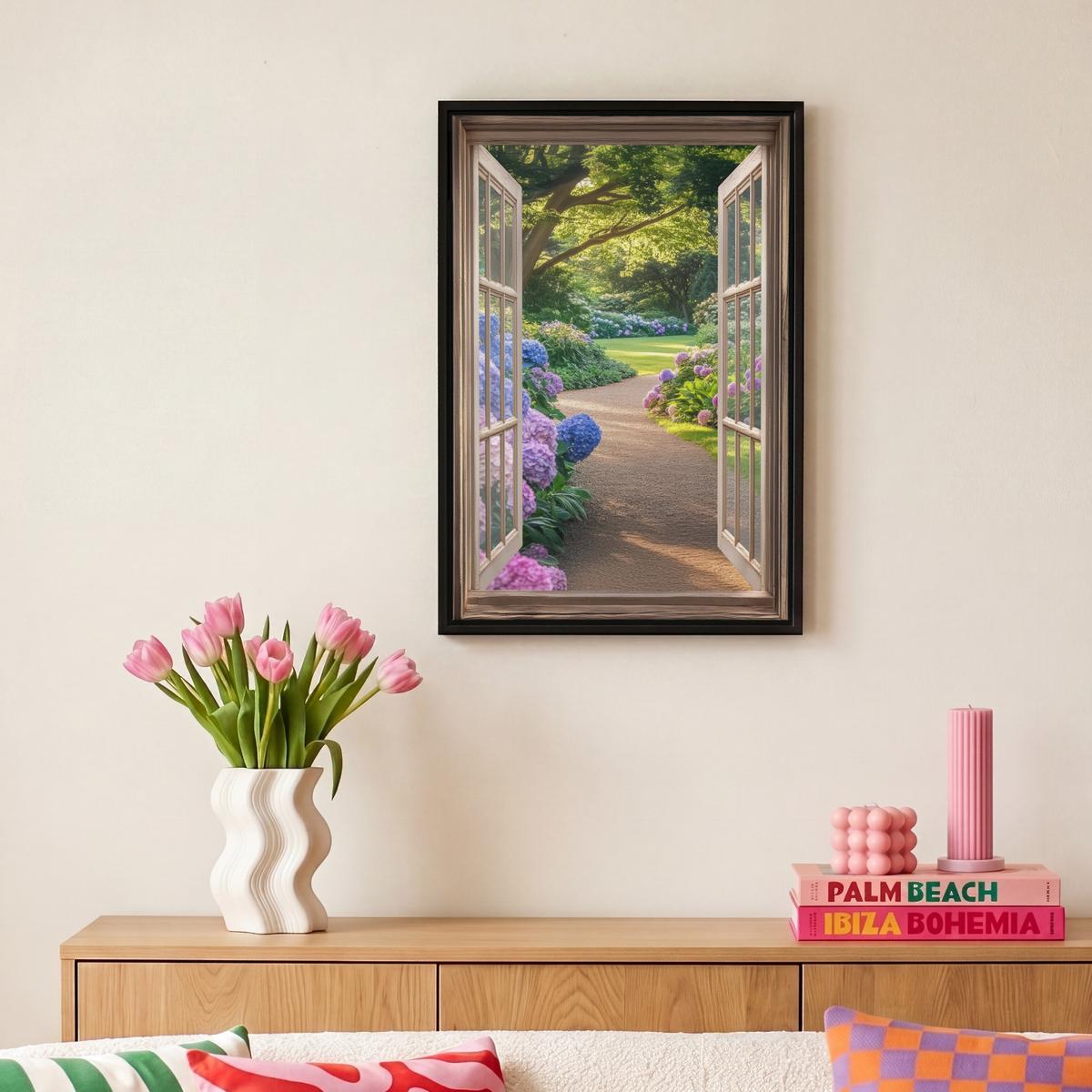 LEINWAND Bilder mit Rahmen - Aussicht - Garten - Fenster - Hortensie - Blumen - 20x30 - Pastellblau, Textil (20/30cm) - MuchoWow
