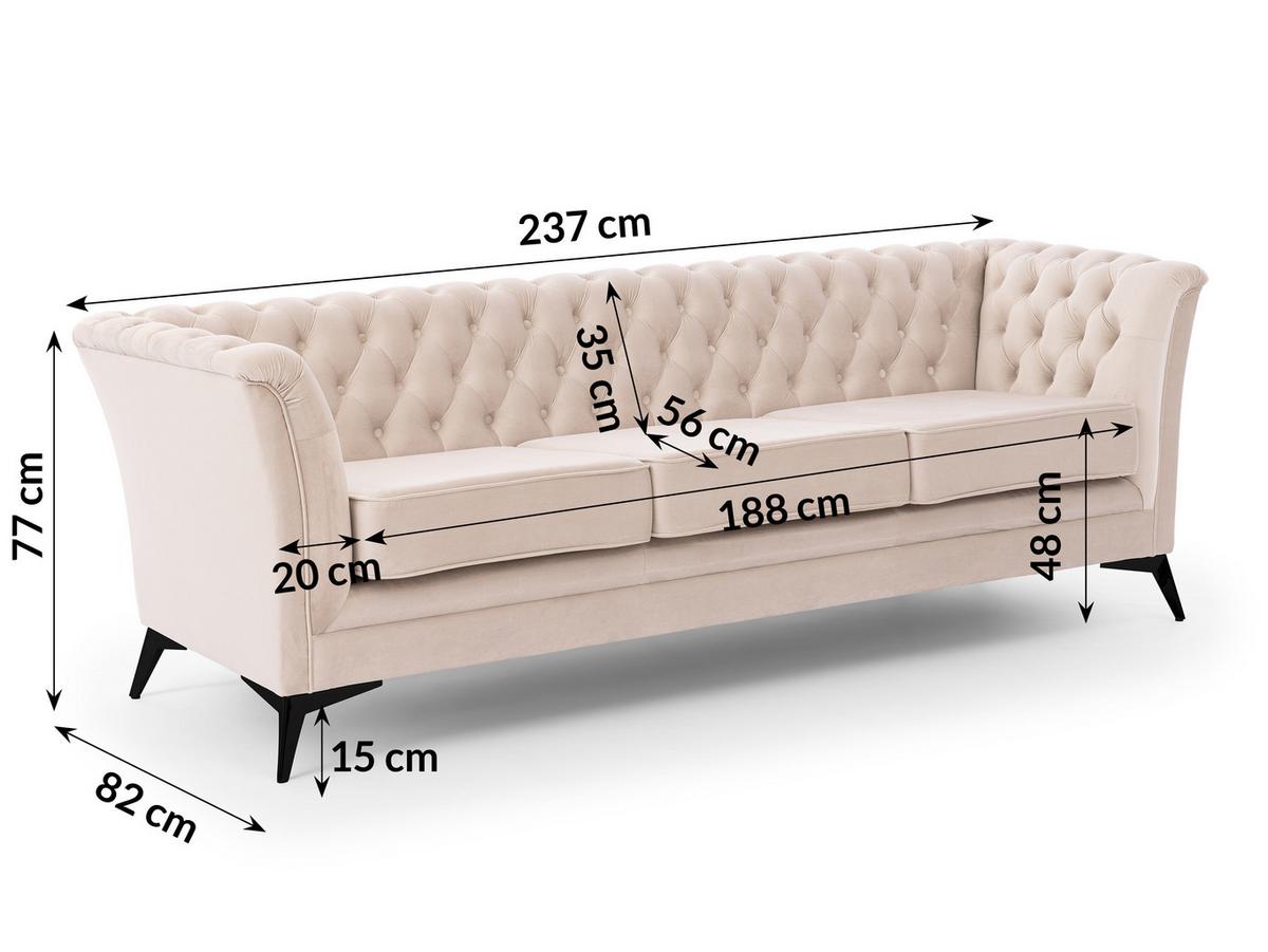 CHESTERFIELD-SOFA 3-sitzer Whitby Beige Samt mit schwarzen Füßen - Beige/Schwarz, Holz/Textil (237/78/82cm) - S-Style Möbel