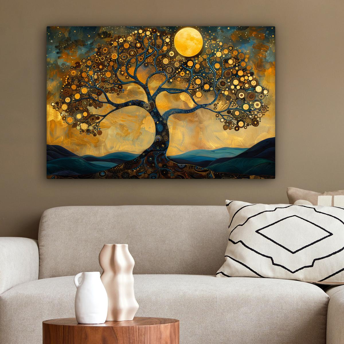 LEINWANDBILD Baum - Mond - Blumen - Gold - Kunst Gemälde 60x40 cm - Orange, Textil (60/40cm) - MuchoWow