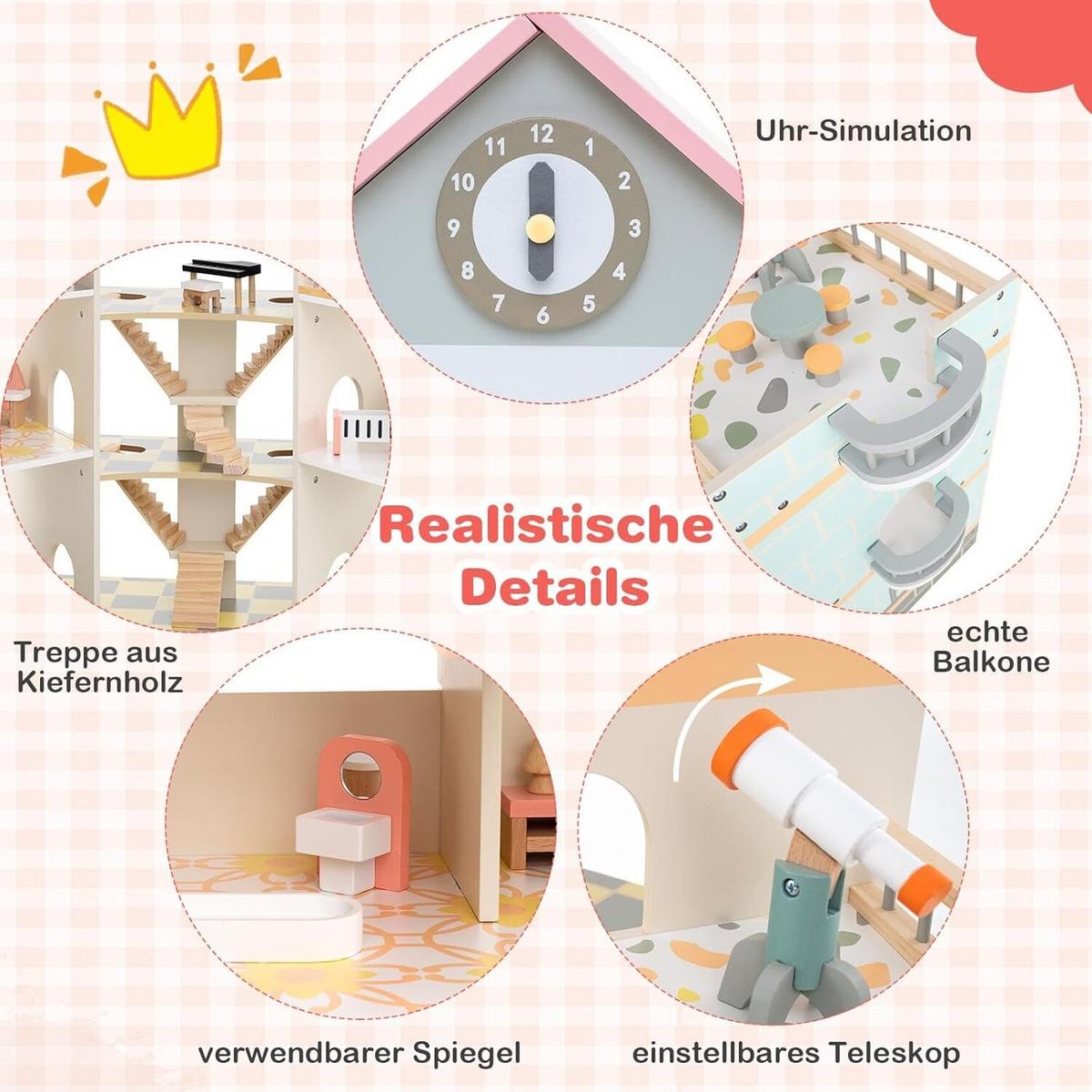 PUPPENHAUS 94cm Rosa - Pink, Holz (87/94/32cm) - COSTWAY