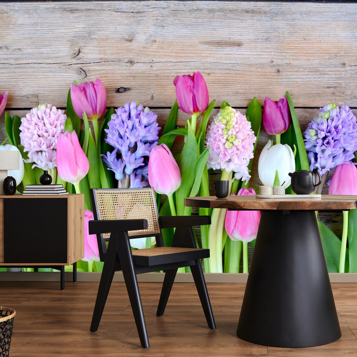 FOTOTAPETE für Küche Rosa Tulpen Violette Hyazinthen Holztisch 100x70 - Ecru/Violett, Papier (100/70cm) - Muralo
