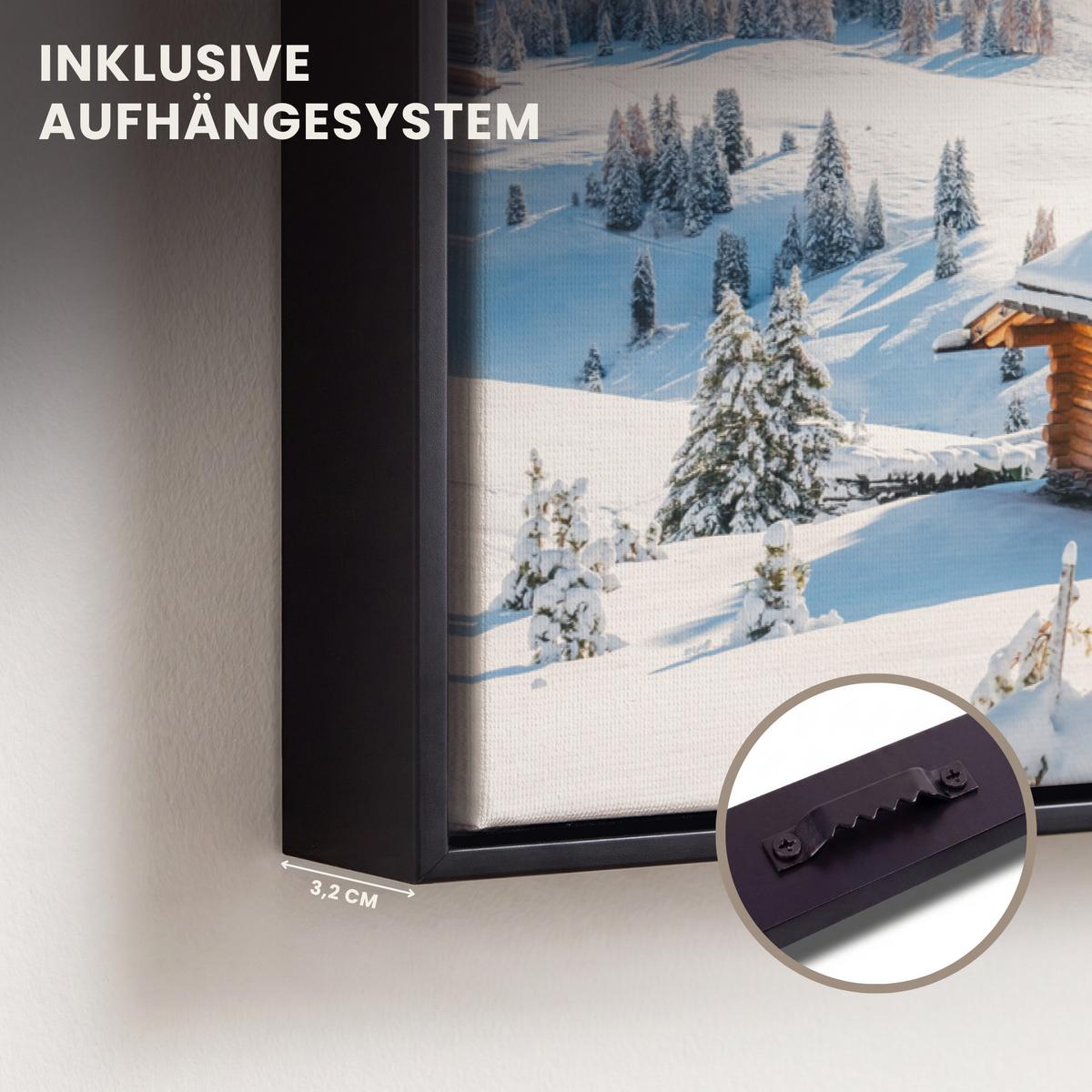 LEINWAND Bilder mit Rahmen - Winter - Hütte - Berge - Aussicht - Schnee - 30x20 - Eichefarben, Textil (30/20cm) - MuchoWow