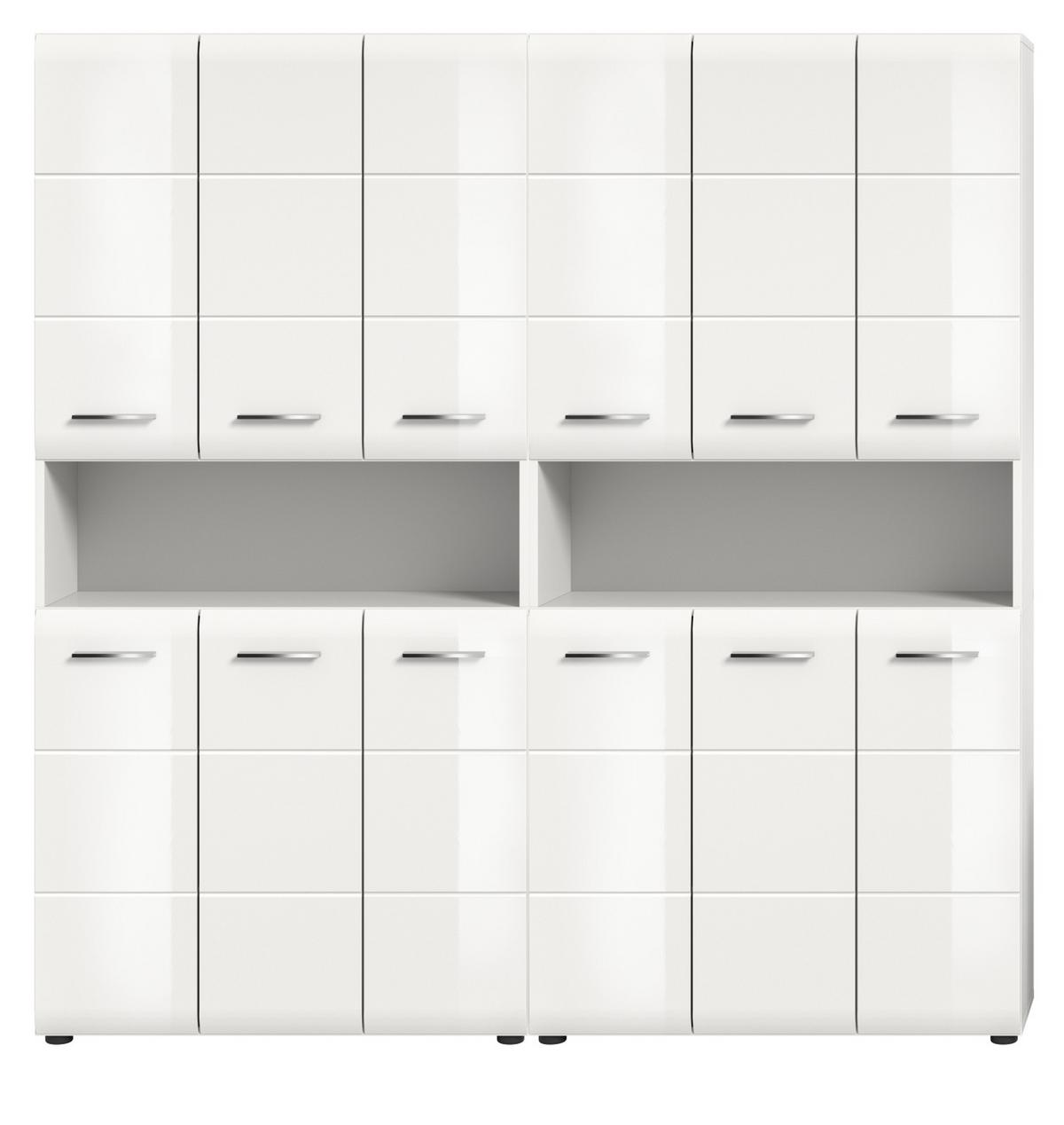 HOCHSCHRANK weiß Hochglanz 180 cm, Badezimmer Schrank mit viel Stauraum - Weiß Hochglanz/Silberfarben, Holzwerkstoff/Kunststoff (180/185/30cm) - Inn.Furn