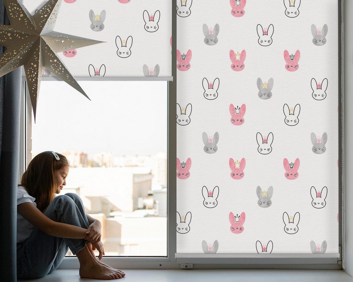 INNENROLLO - Fensterrollo - Rollo - 120x140 cm - Bunte Kaninchen mit Kronen - Pink, Kunststoff (120/140/0.5cm) - TULUP