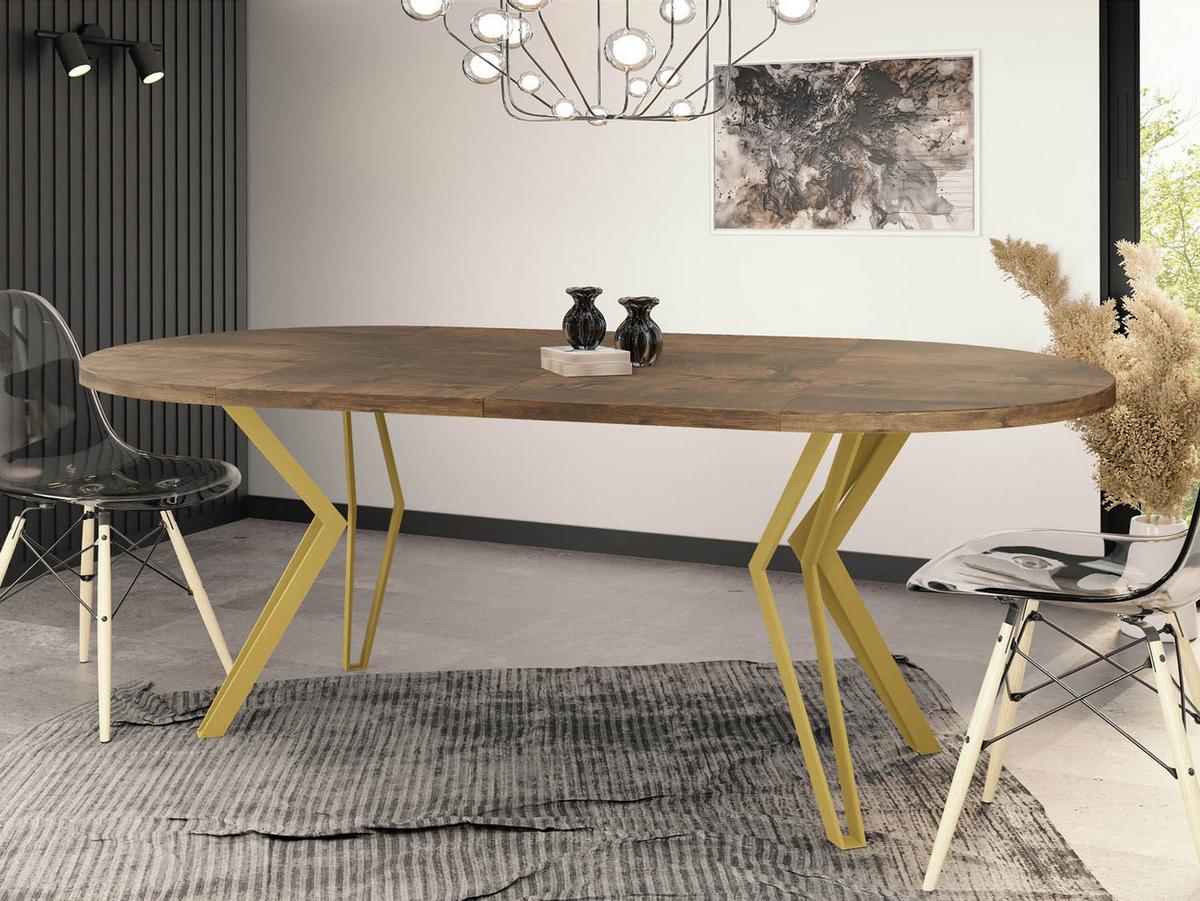 ESSTISCH Daisy runder ausziehbarer, Lefkas Eiche 100-180/100/76 cm - Alteiche/Goldfarben, Holzwerkstoff/Metall (100/180/76cm) - WFL GROUP