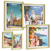BILDER SET 5er Set - 50x50 cm & 20x30 cm & 40x60 cm Goldrahmen - Retro-Stadtillustrationen - Goldfarben, Kunststoff (40/60cm) - TULUP