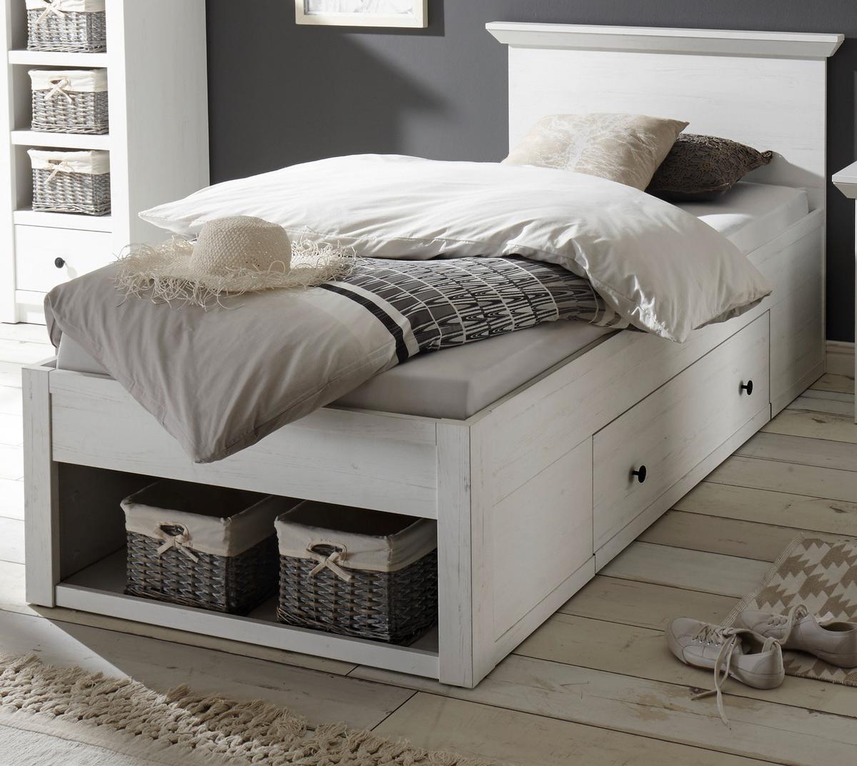 BETT Pinie weiß Liegefläche 90 x 200 cm, Stauraumbett mit Bettschubkasten - Schwarz/Weiß, Holzwerkstoff/Kunststoff (90/200cm) - Furn.Design