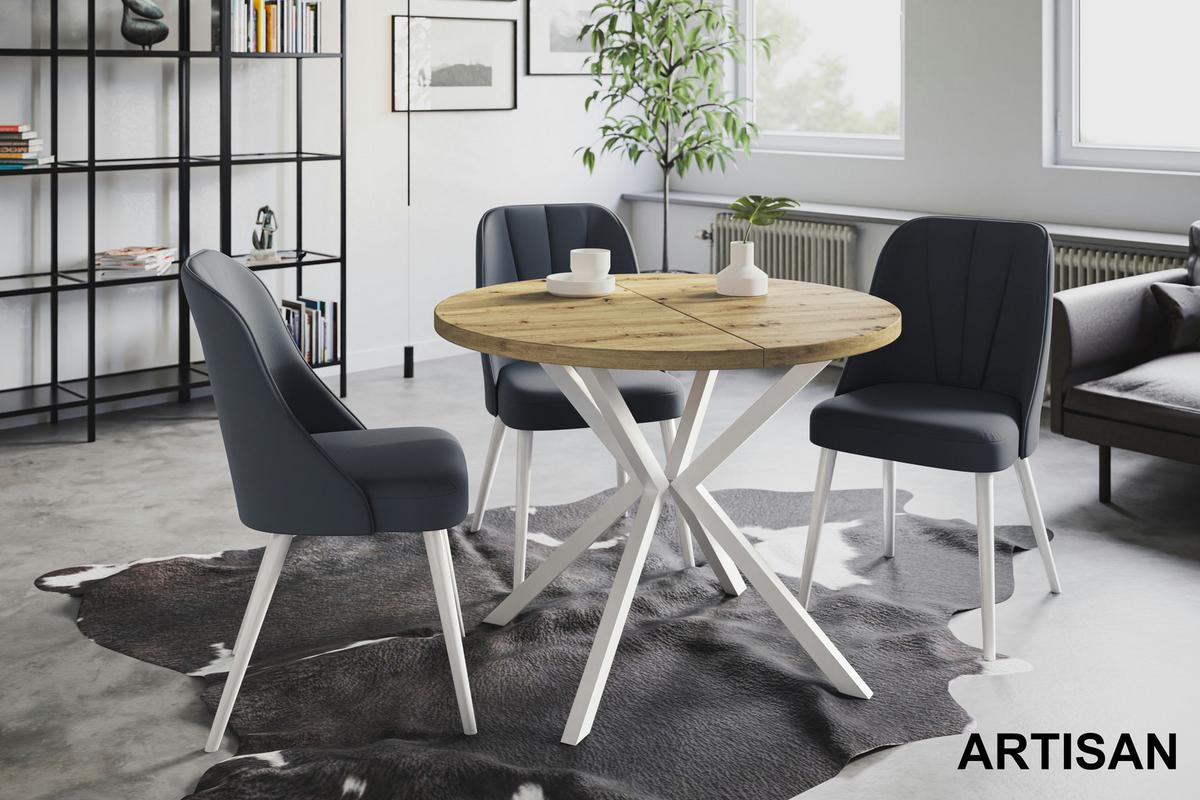 RUNDER Esszimmertisch LOFT LITEN, ausziehbarer Tisch Durchmesser: 120 cm/200 cm, Wohnzimmertisch Farbe: Mattbraun, mit Metallbeinen in Farbe Weiß - Hellbraun/Weiß, Holzwerkstoff (120/120/76cm) - Alpi-Möbel