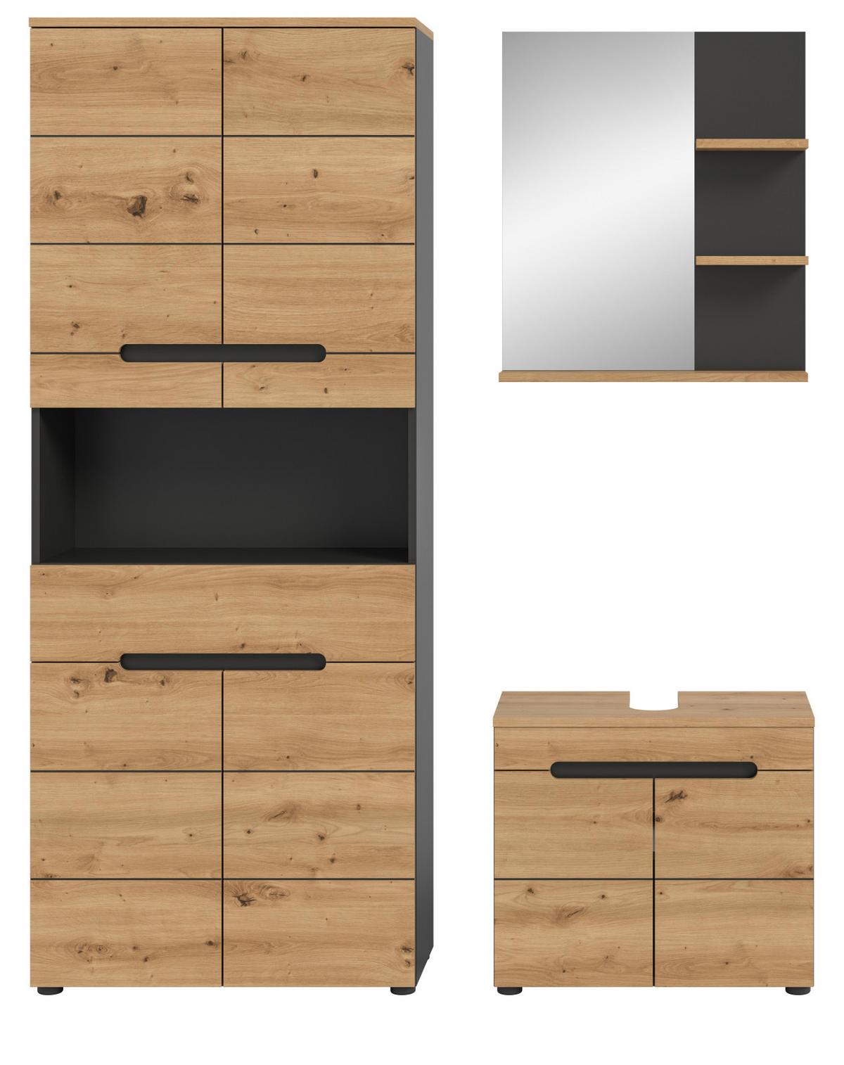 BADMÖBEL-SET Eiche, grau 3-teilig 154 cm, Komplettset mit Soft-Close - Schwarz/Eiche Artisan, Glas/Holzwerkstoff (154/193/34cm) - Inn.Furn