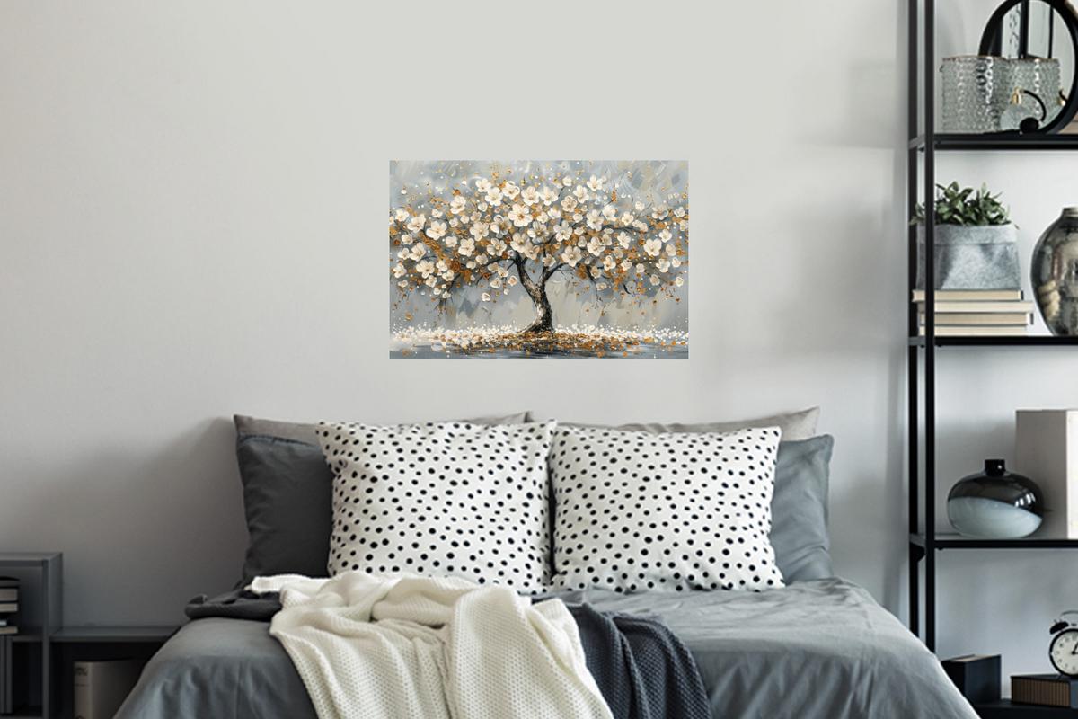 WANDTATTOO Baum - Blumen - Weiß - Natur - Kunst Deko Wohnzimmer 60x40 cm - Weiß, Kunststoff (60/40/0.1cm) - MuchoWow
