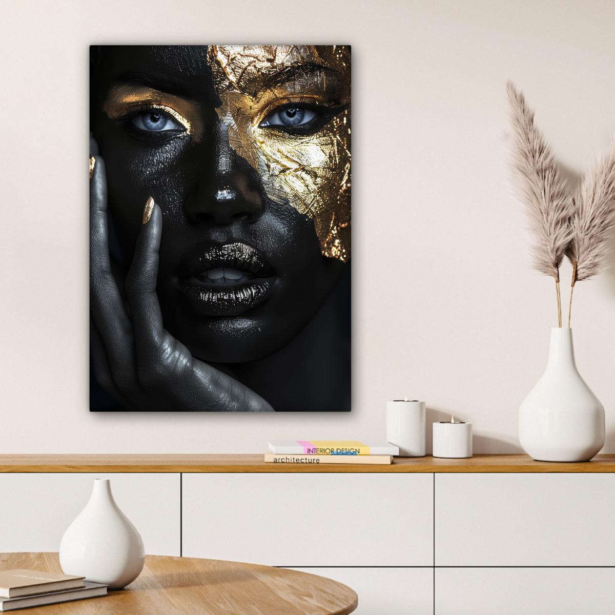 LEINWANDBILD Frau - Gold - Porträt - Schwarz-Weiß - Luxus Wandbild Wohnzimmer 60x80 cm - Hellblau, Textil (60/80cm) - MuchoWow