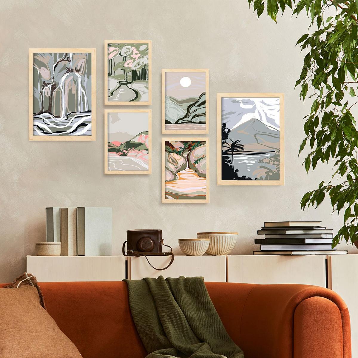 POSTER Set Mit 6 Clift Rahmen In Kulissen Abstracts Ästhetische Dekorative Gemälde Für Ihr Wohnzimmer Zuhause A3 & A4 Rahmen Aus Hellem Holz - Beige, Papier (29/3cm) - Nacnic