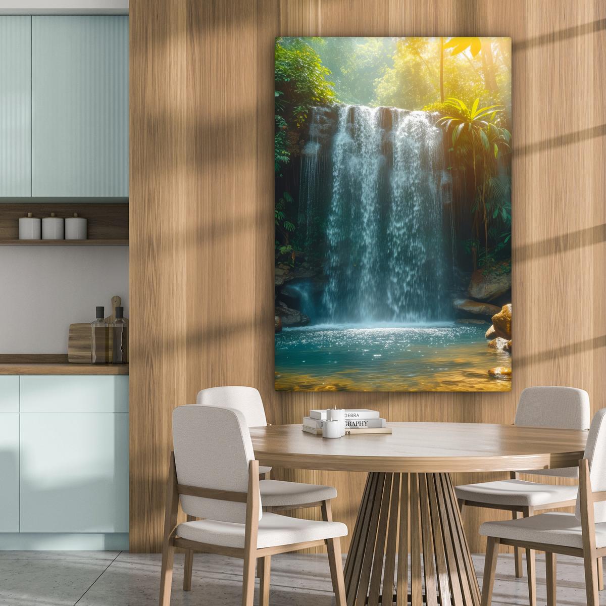 LEINWANDBILD Wasserfall - Dschungel - Sonne - Grün - Natur Deko Groß 90x140 cm - Grün, Textil (90/140cm) - MuchoWow