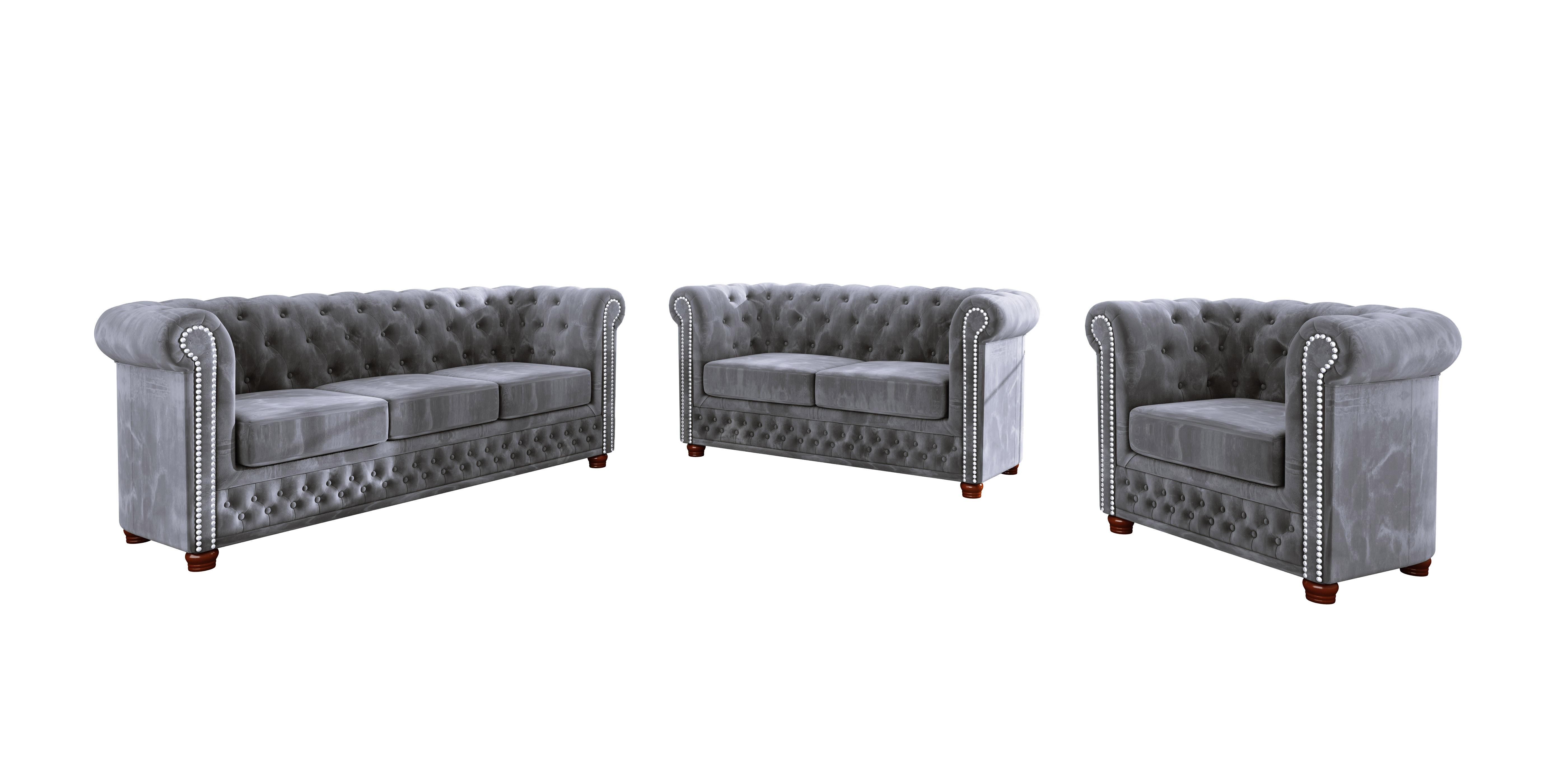 SITZGARNITUR 3+2+1 Chesterfield Lauren Grau Samt - Braun/Grau, Holz/Textil (203/72/86cm) - S-Style Möbel