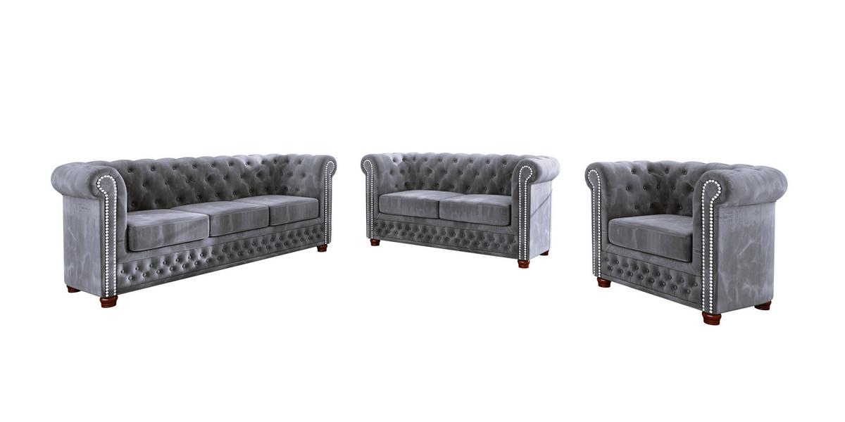 CHESTERFIELD-SOFA 2-sitzer Lauren Grau Samt - Braun/Grau, Holz/Textil (148/72/86cm) - S-Style Möbel