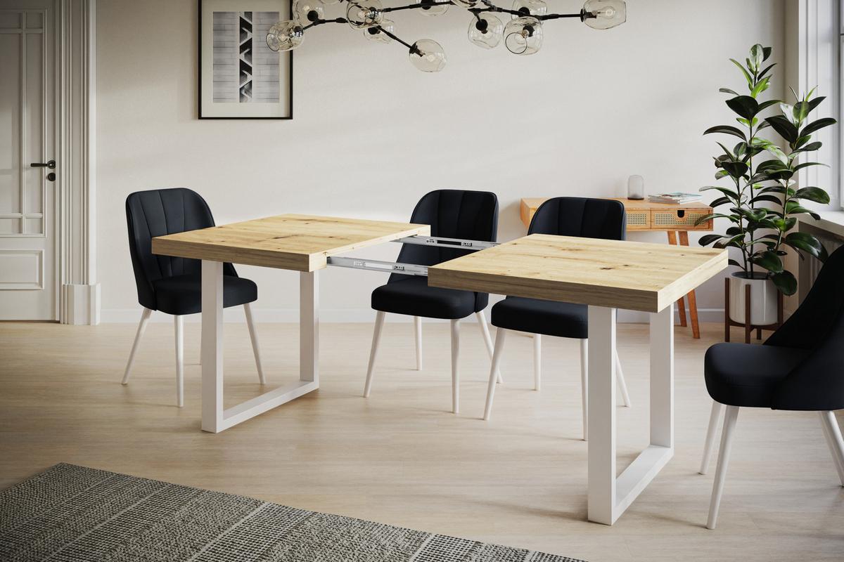 INDUSTRIELLER Esszimmertisch LOFT-U, ausziehbarer Tisch, Größe: 180-280X90X77 cm, Wohnzimmertisch Farbe: ARTISAN, mit Metallbeinen in Farbe Weiß - Hellbraun/Weiß, Holzwerkstoff (180/90/77cm) - Alpi-Möbel