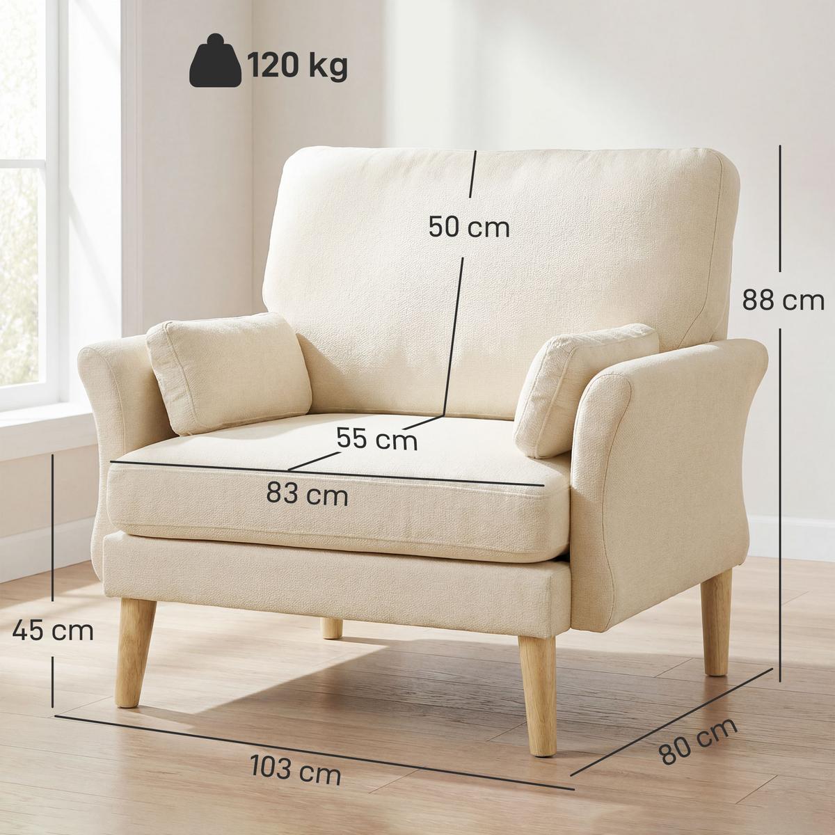 SESSEL Polyester Kautschukholz Cremeweiß - Creme/Naturfarben, Holz/Textil (80/88/103cm) - HOMCOM