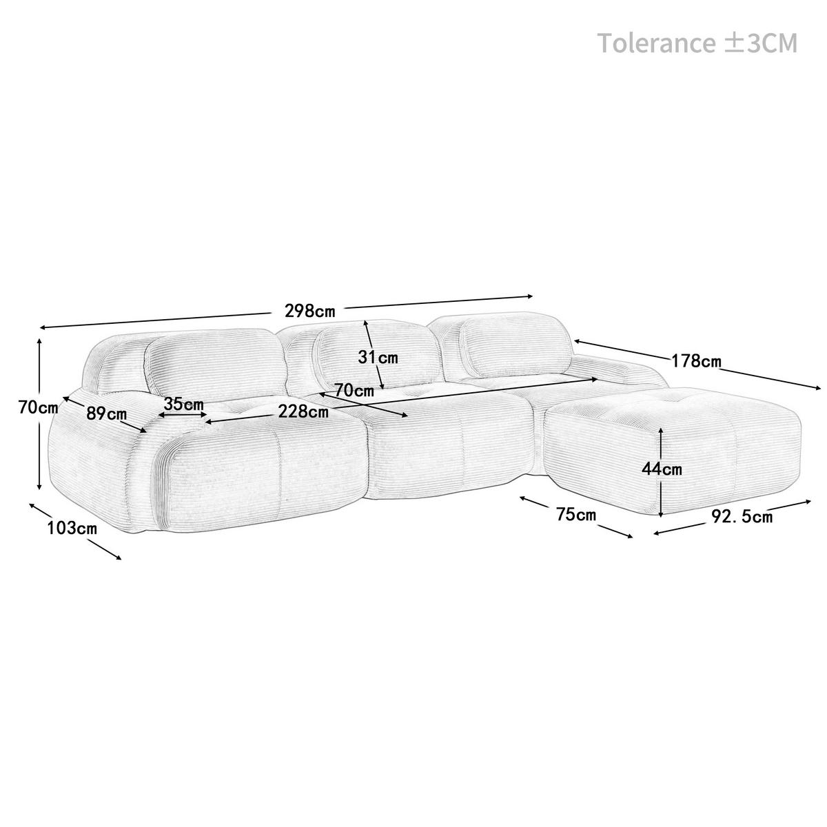 ECKSOFA cord in braun mit ottoman, rahmenlos & montagefrei - Walnussfarben, Textil (298/178cm) - Urban Meuble