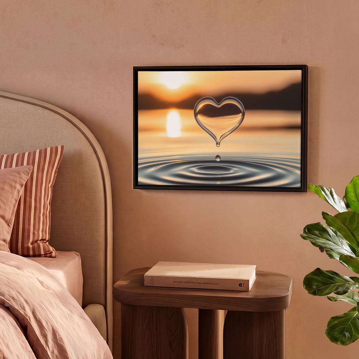 LEINWAND Bilder mit Rahmen - Herz - Wasser - Sonnenuntergang - Natur - Zen - 40x30 - Bernsteinfarben, Textil (40/30cm) - MuchoWow