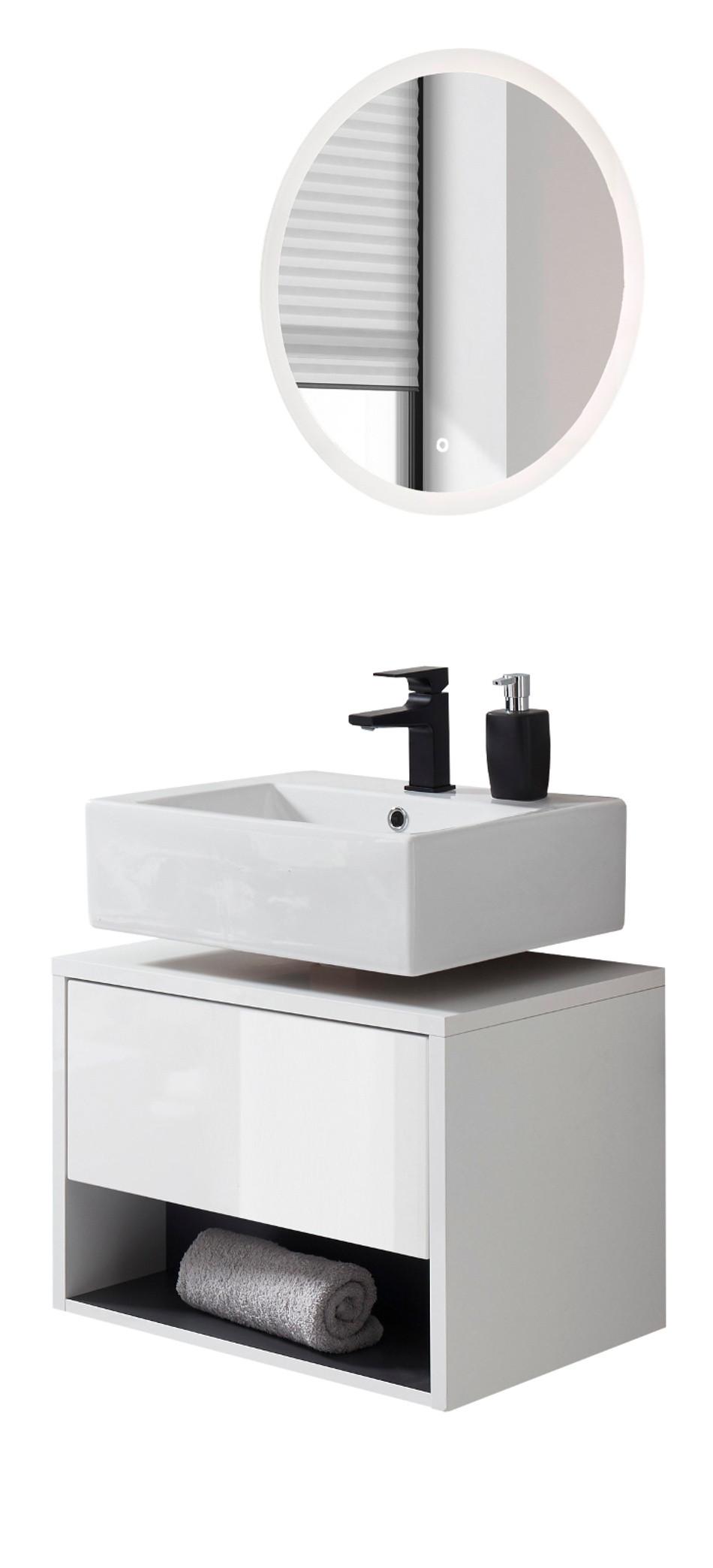 BADMÖBEL-SET 2-teilig weiß Hochglanz, grau mit LED Beleuchtung 60 cm - Weiß Hochglanz/Grau, Glas/Holzwerkstoff (60/190/46cm) - Furn.Design