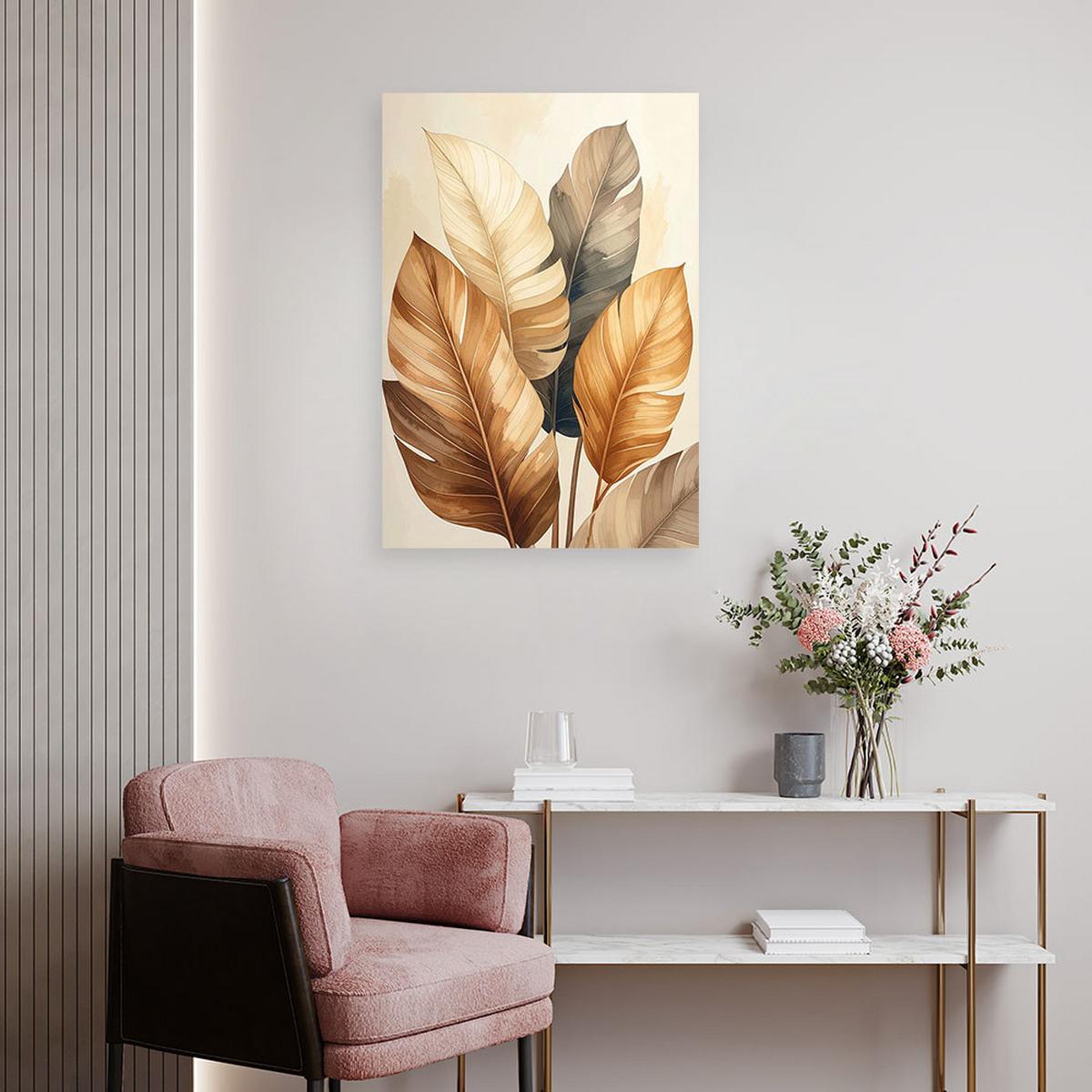 LEINWANDBILD, Goldene tropische Blätter auf einem hellen Hintergrund - Beige, Textil (40/60cm) - Feeby
