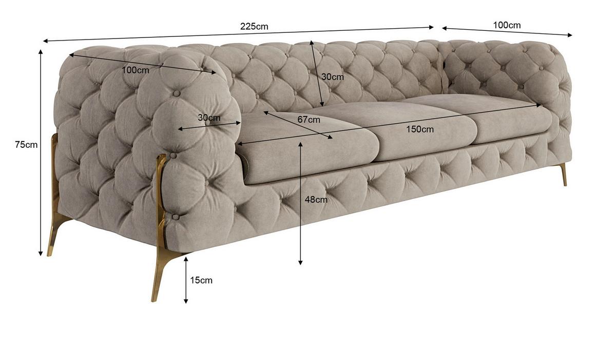 SITZGARNITUR 3+2+1 Chesterfield Lexi Dunkle Creme Samt - Goldfarben/Creme, Holz/Textil (243/75/100cm) - S-Style Möbel