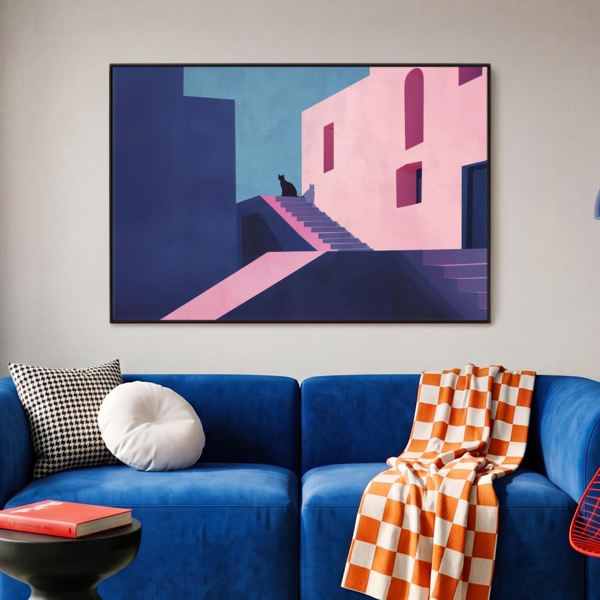 LEINWAND Bilder mit Rahmen - Katze - Treppe - Gebäude - Schattenkontraste - 90x60 - Dunkelblau, Textil (90/60cm) - MuchoWow