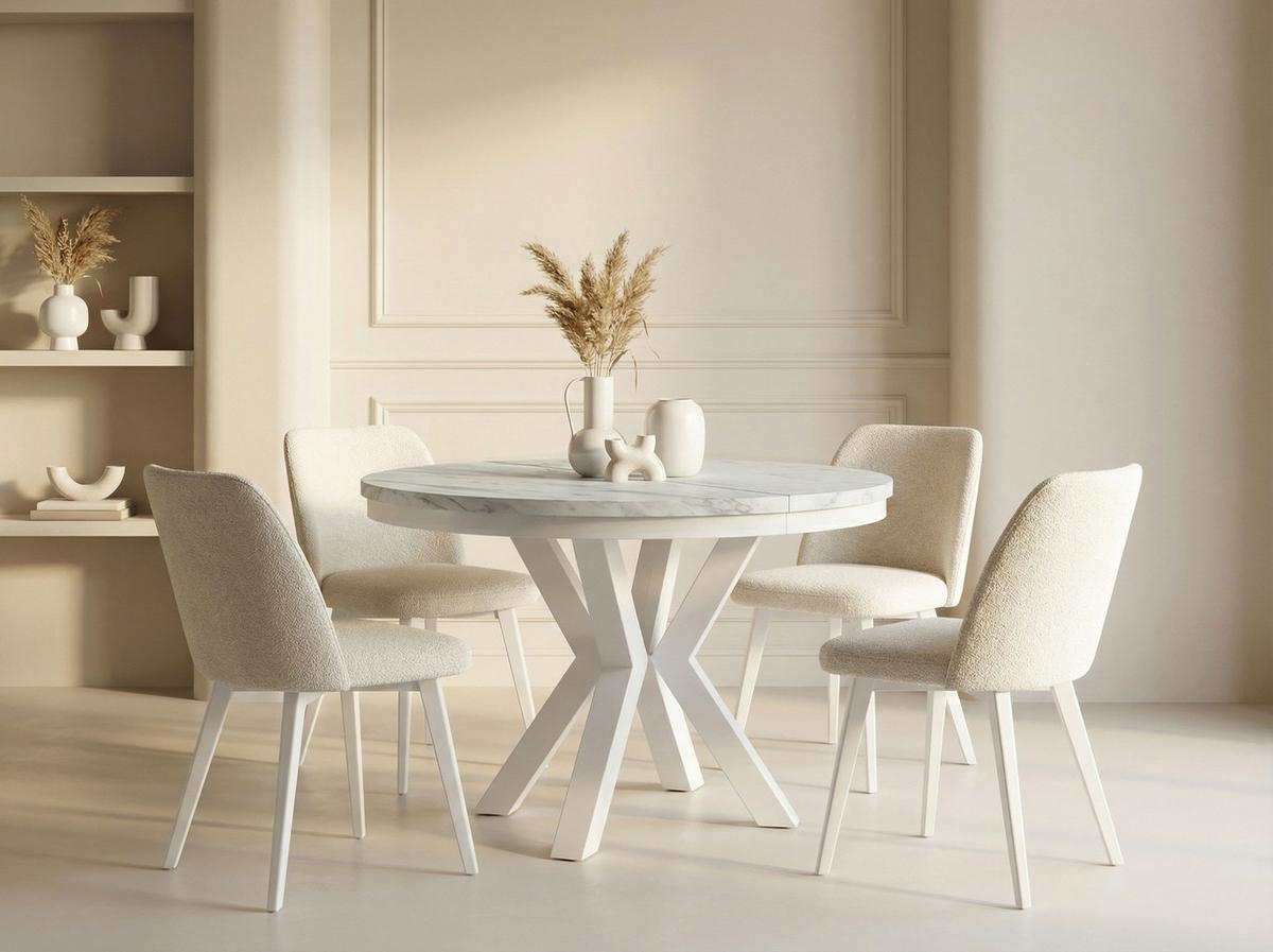ESSTISCH Clara Weiß runder ausziehbarer, Marmor Weiß 120-200/120/76 cm - Ecru/Weiß, Holzwerkstoff/Metall (120/196/76cm) - WFL GROUP