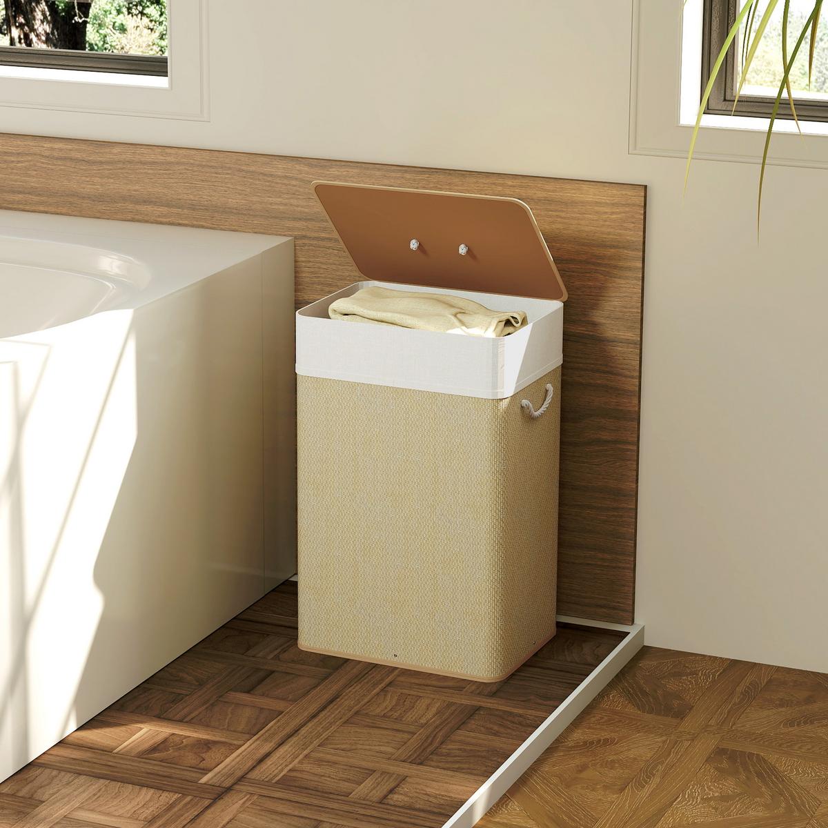 BAMBUS Wäschekorb mit Deckel 72 L Wäschesammler mit Seilgriffen Naturholz - Creme/Naturfarben, Naturmaterialien/Textil (30/60/40cm) - HOMCOM