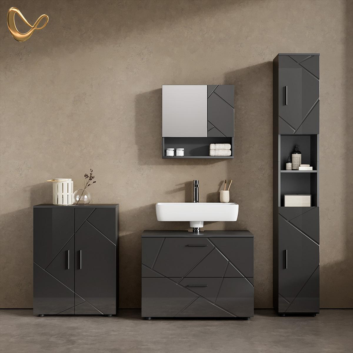 BADMÖBEL-SET Ronco Anthrazit Hochglanz 4 Teile, mit Schubladenschrank und Midischrank - Schwarz Hochglanz, Holzwerkstoff (80/58/41cm) - Livinity®