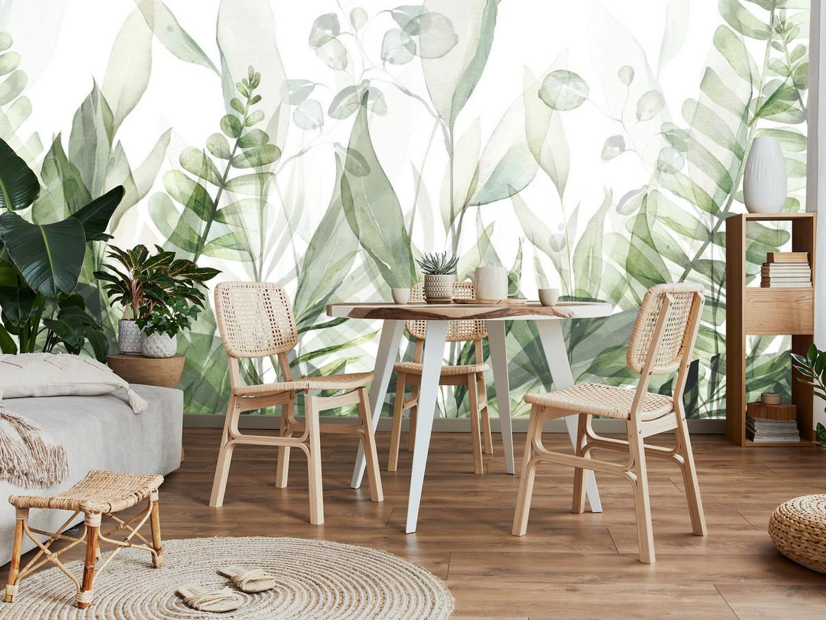 FOTOTAPETE für Schlafzimmer Aquarell Tropische Grüne Blätter Exotisch Blätter 200x140 - Weiß/Grün, Papier (200/140cm) - Muralo