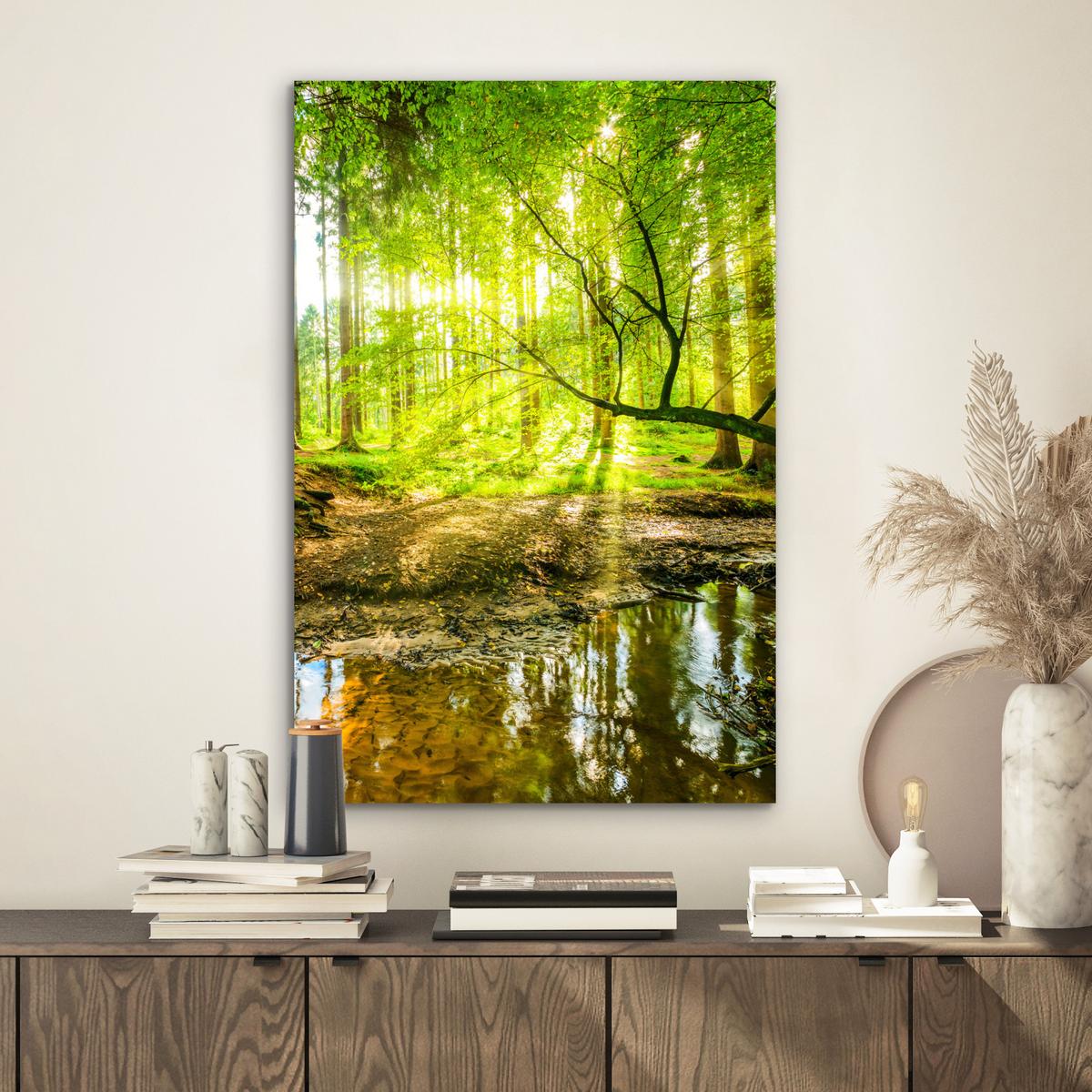 METALLBILD Wald - Landschaft - Wasser - Bäume - Sonne - Grün - Natur Deko Schlafzimmer 40x60 cm - Grün, Metall (40/60cm) - MuchoWow