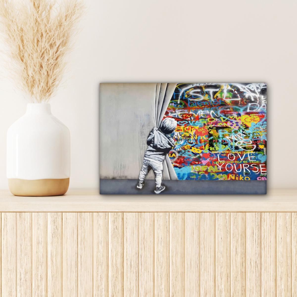LEINWANDBILD Graffiti - Junge - Ilussie - Straßenkunst Deko Schlafzimmer 30x20 cm - Hellgrau, Textil (30/20cm) - MuchoWow