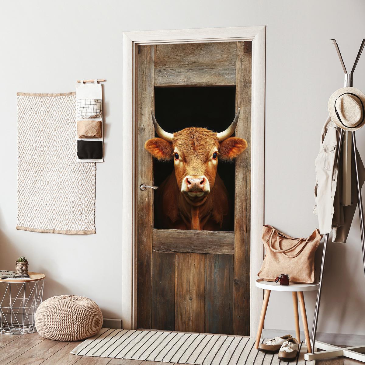 TÜRAUFKLEBER Kuh - Fenster - Holz - Tiere 90x215 cm - Türtapete - Wengefarben, Kunststoff (90/0.1cm) - MuchoWow