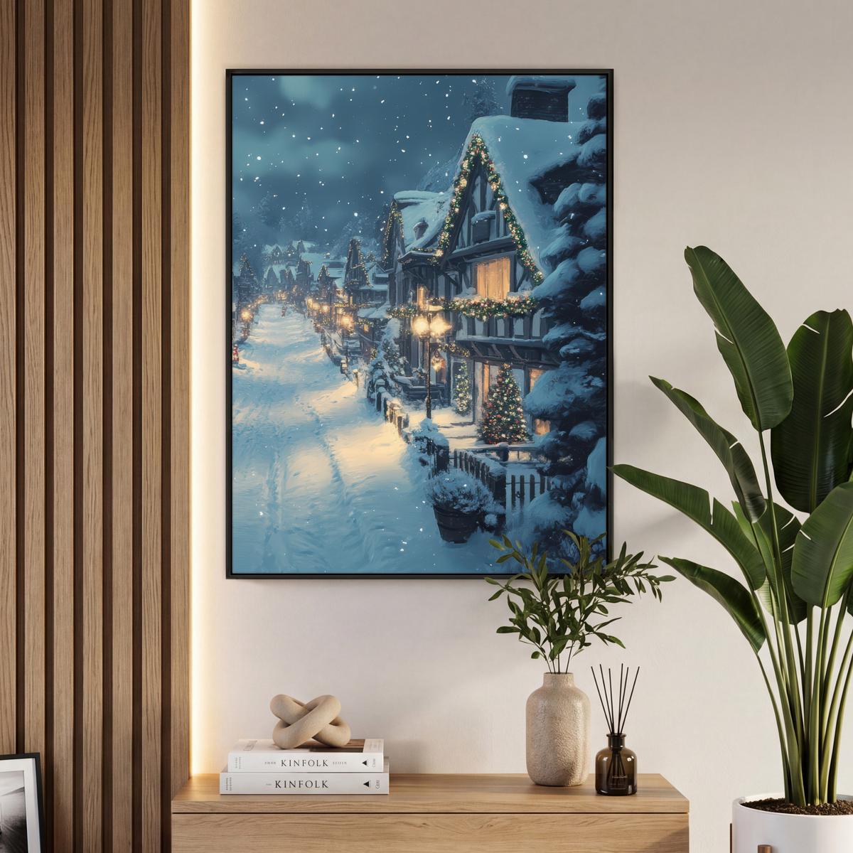 LEINWAND Bilder mit Rahmen - Weihnachtsdorf - Weihnachten - Schnee - Winter - 70x100 - Dunkelblau, Textil (70/100cm) - MuchoWow