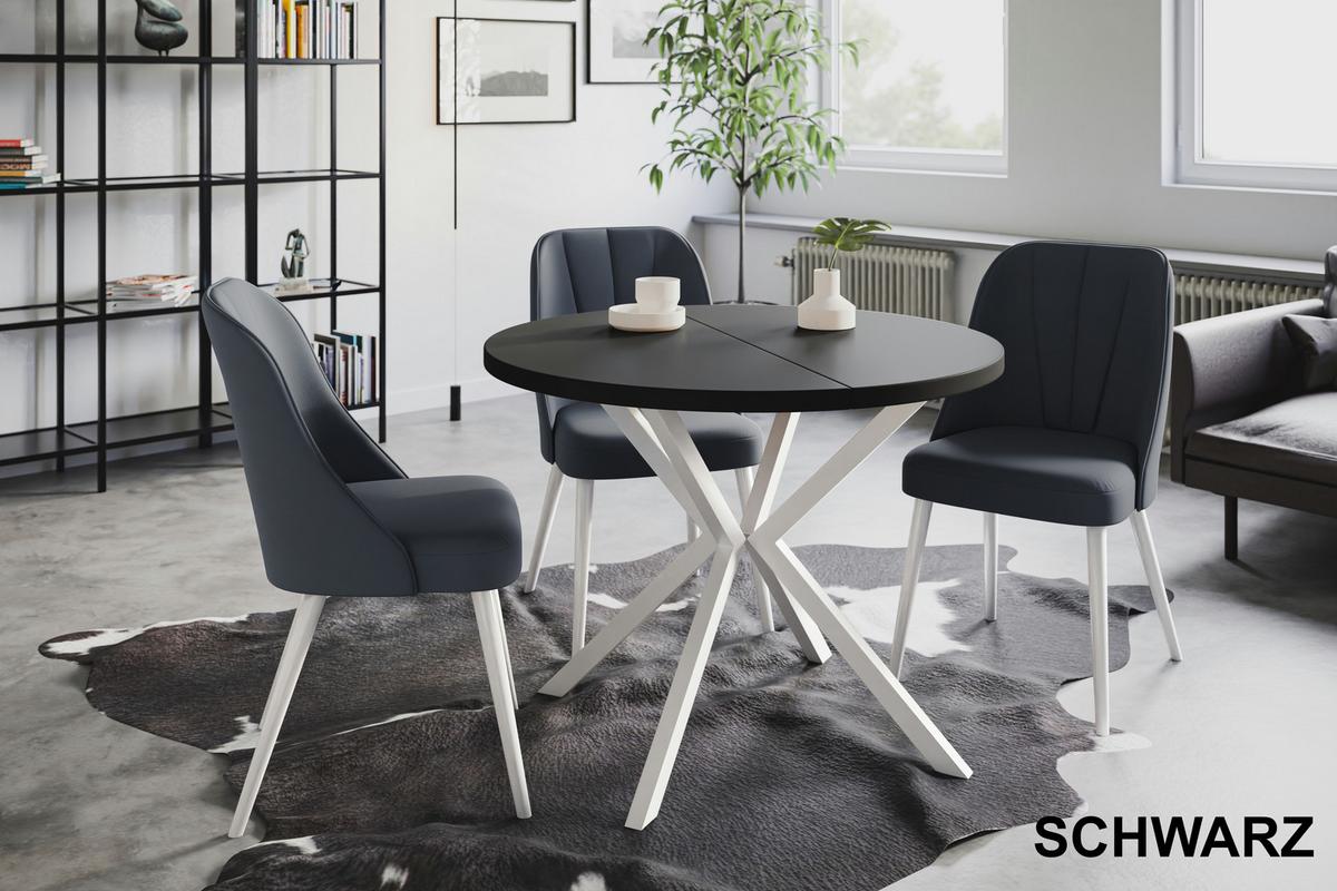 RUNDER Esszimmertisch LOFT LITEN, ausziehbarer Tisch Durchmesser: 120 cm/200 cm, Wohnzimmertisch Farbe: Schwarz, mit Metallbeinen in Farbe Weiß - Schwarz/Weiß, Holzwerkstoff (120/120/76cm) - Alpi-Möbel