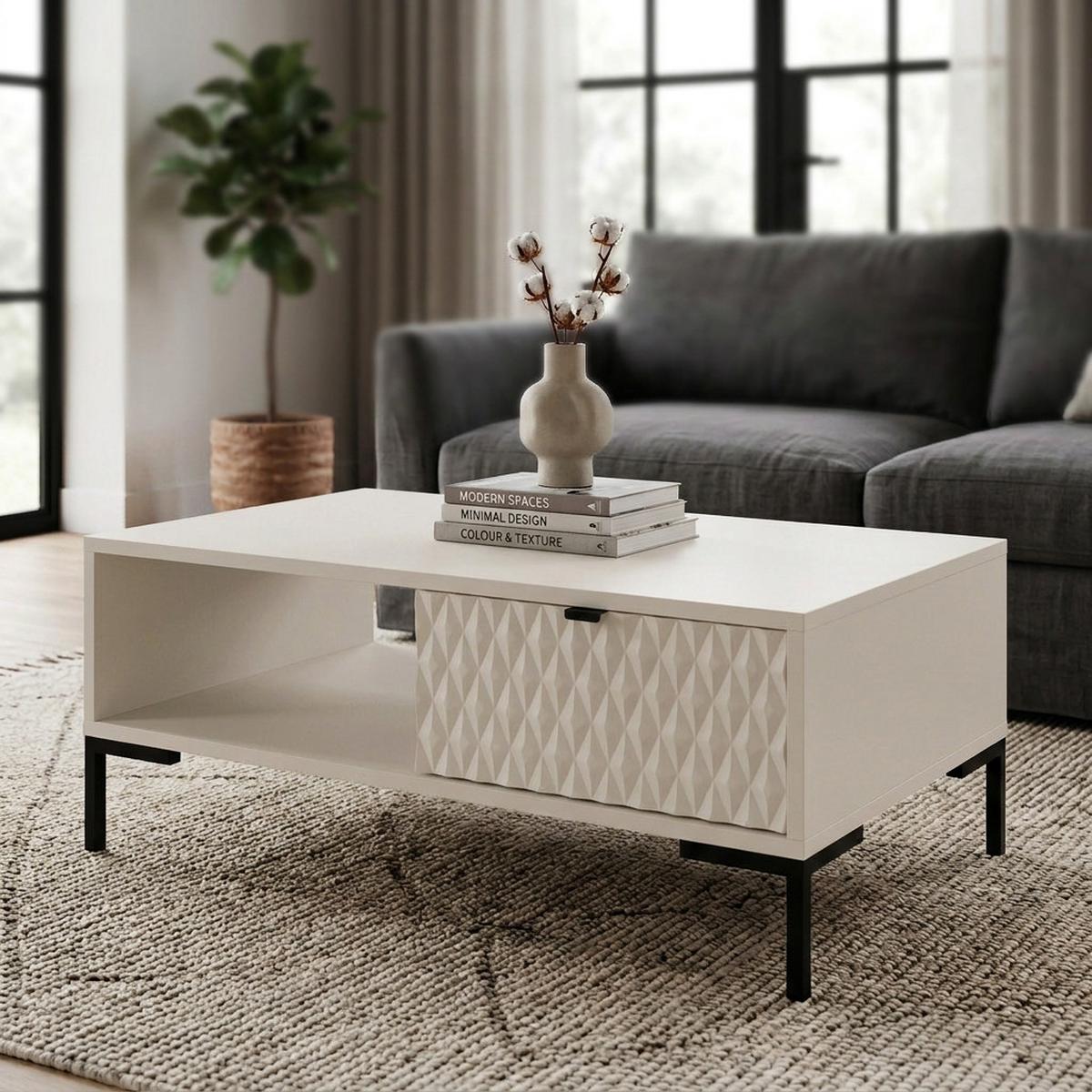 COUCHTISCH Montreal mit Schublade und offenem Fach, dekorative 3D-Fronten, 100x60 cm, Kaschmir - Kaschmir/Schwarz, Holzwerkstoff/Metall (47/100/60cm) - Beautysofa