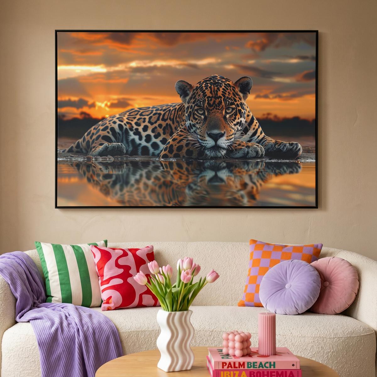 LEINWAND Bilder mit Rahmen - Natur - Leopard - Tier - Sonnenuntergang - Modern - 120x80 - Orange, Textil (120/80cm) - MuchoWow