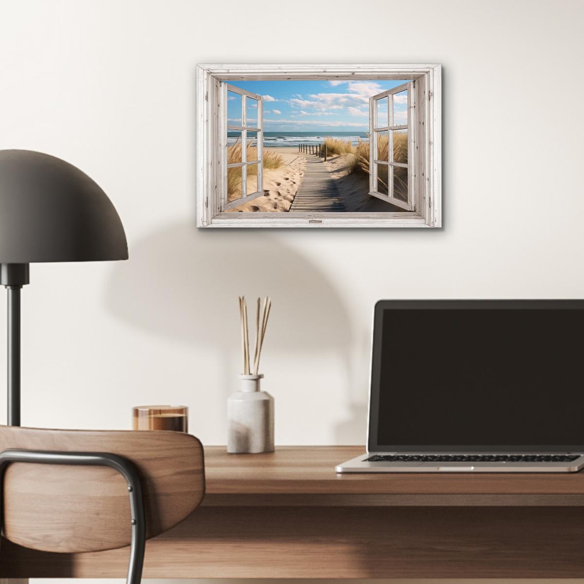 METALLBILD Fenster - Meer - Küste - Natur - Ausblick - Strand - Wattenmeer 30x20 cm - Beige, Metall (30/20cm) - MuchoWow