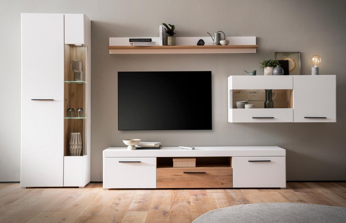 SIDEBOARD weiß matt, Evoke Eiche, Kommode 205 cm, Soft-Close-Funktion - Eichefarben/Silberfarben, Holzwerkstoff/Kunststoff (205/87/40cm)