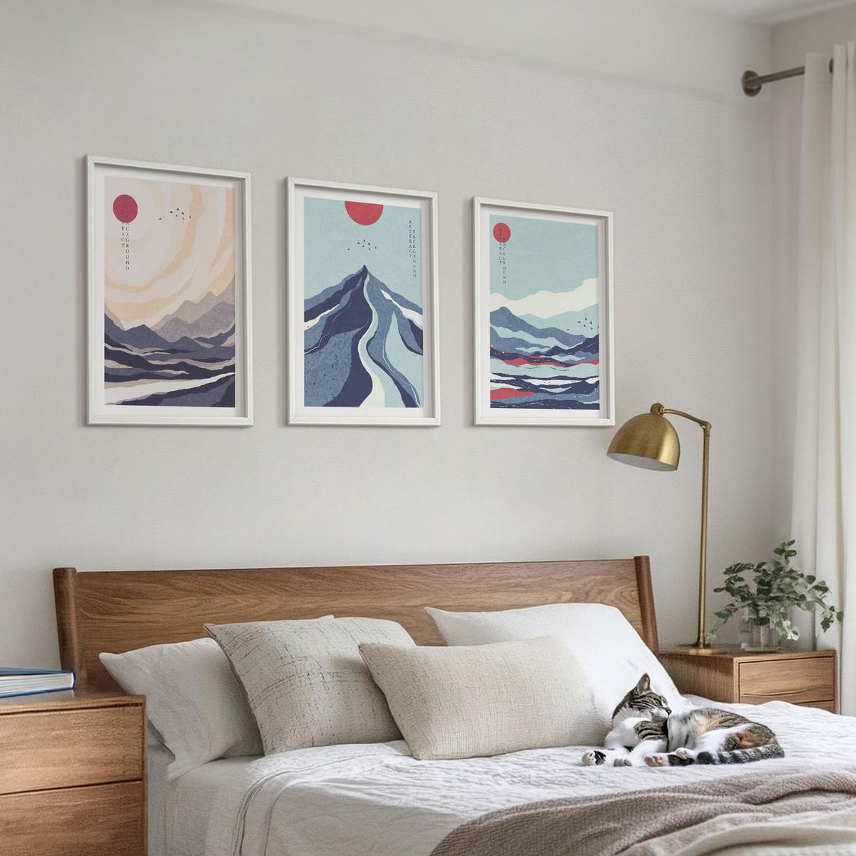 BILDER SET 3er Set - 40x60 cm Weißer Rahmen - Abstrakte japanische Berge - Weiß, Kunststoff (40/60cm) - TULUP