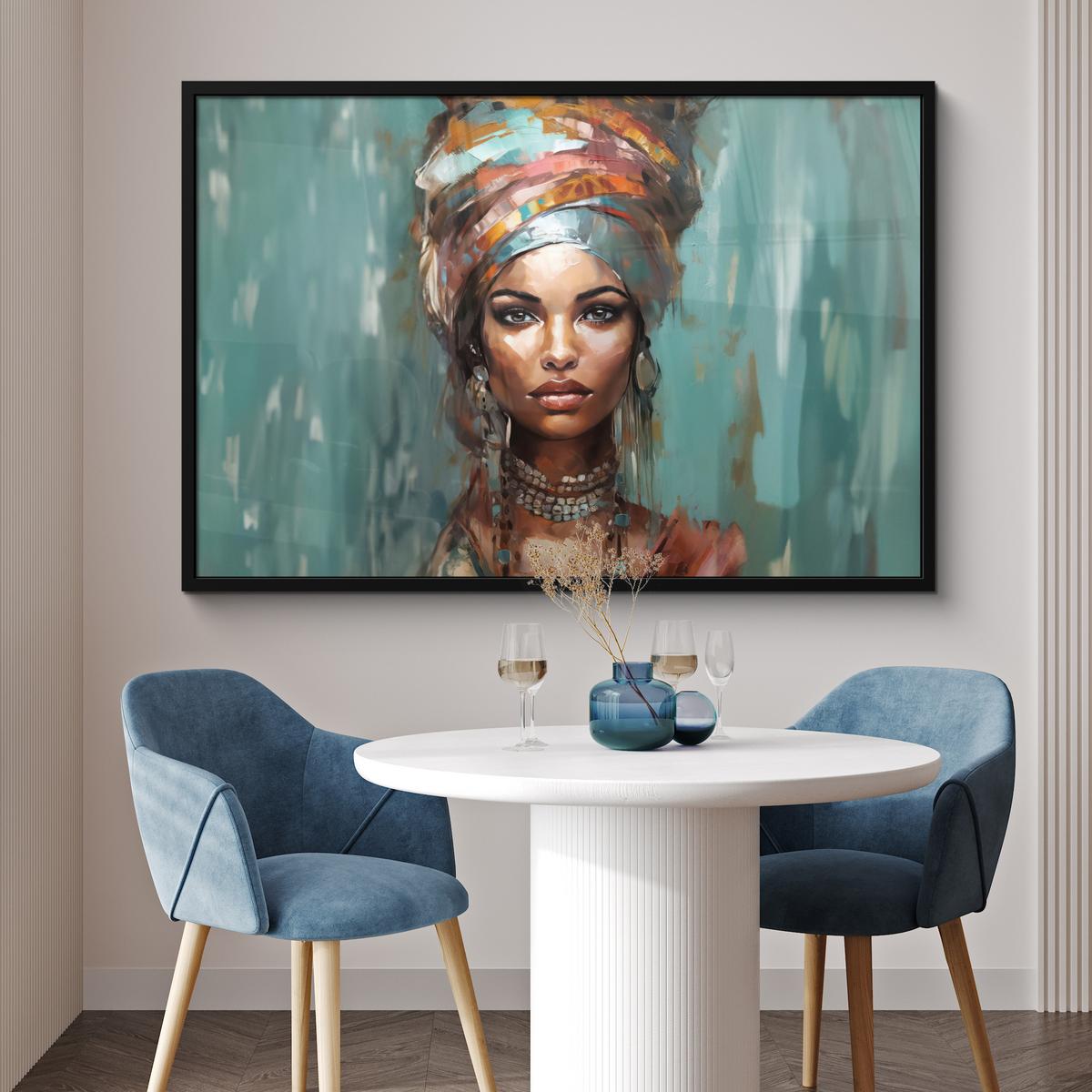 POSTER MIT RAHMENGERAHMTES BILD Frau - Kunst - Schmuck - Porträt 120x80 cm - Blaugrau, Papier (120/80cm) - MuchoWow