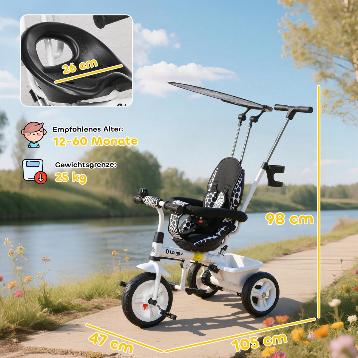 6-IN-1 Dreirad mit Schubstange, Kinderdreirad mit abnehmbarem Sonnendach Weiß - Weiß, Metall (105/47/98cm) - HOMCOM