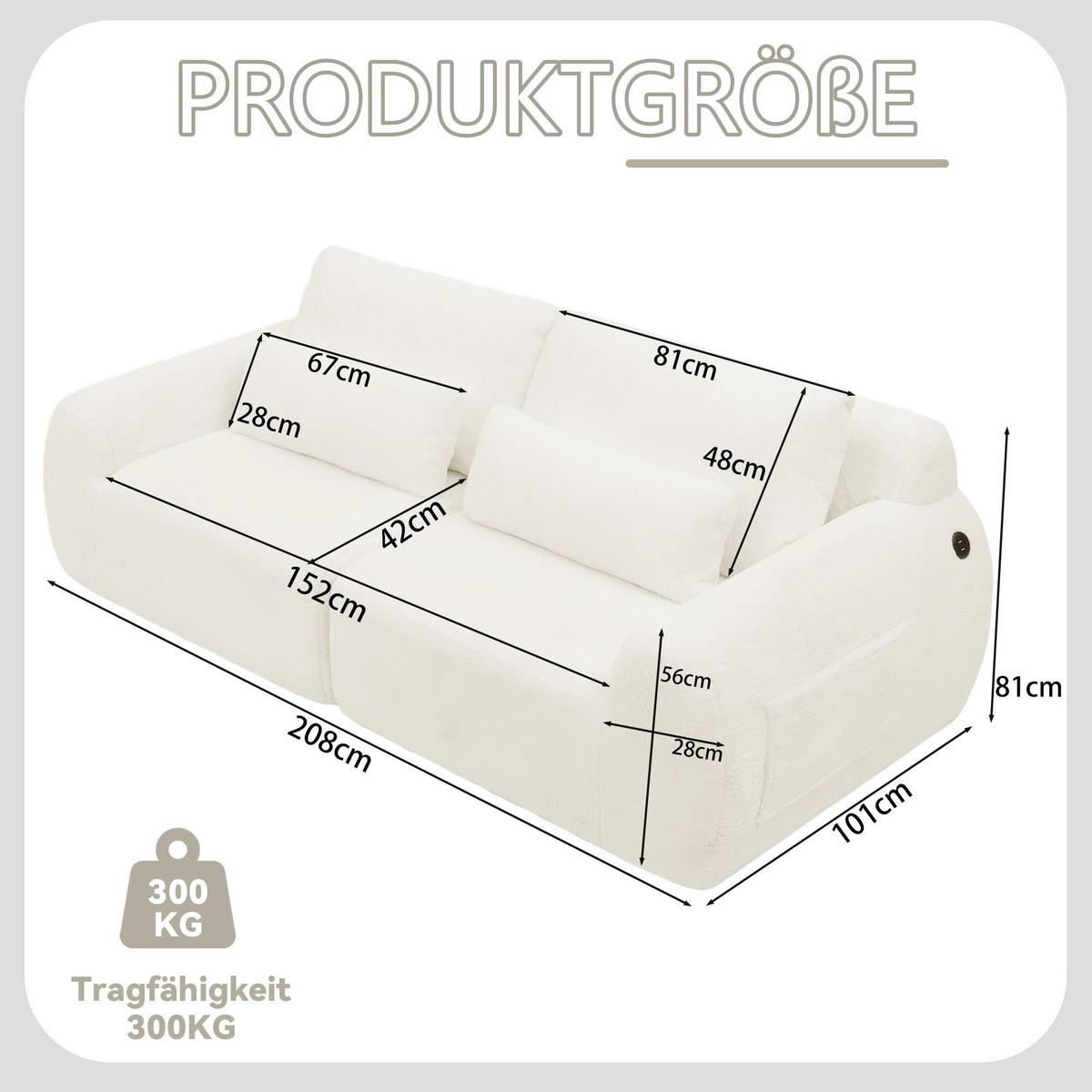 2-SITZER SOFA in Beige aus Kunstfell mit USB-Anschluss & Seitentasche - Beige, Textil (101/81/208cm) - Urban Meuble
