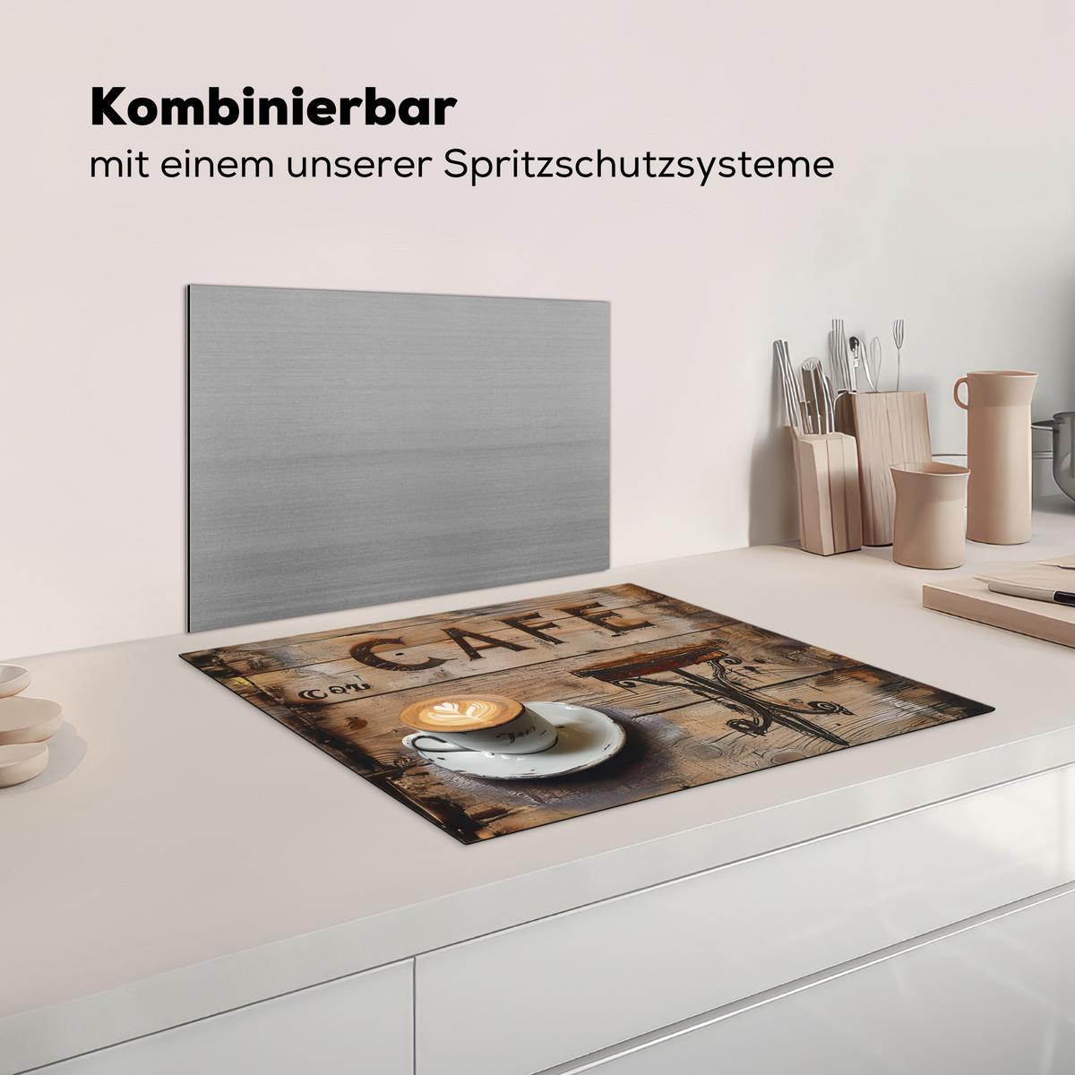 HERDABDECKPLATTE Cafe - Holz - Kaffee - Regale Herdabdeckung Induktionsfeld 65x52 cm - Schwarz, Kunststoff (65/52/0.2cm) - MuchoWow