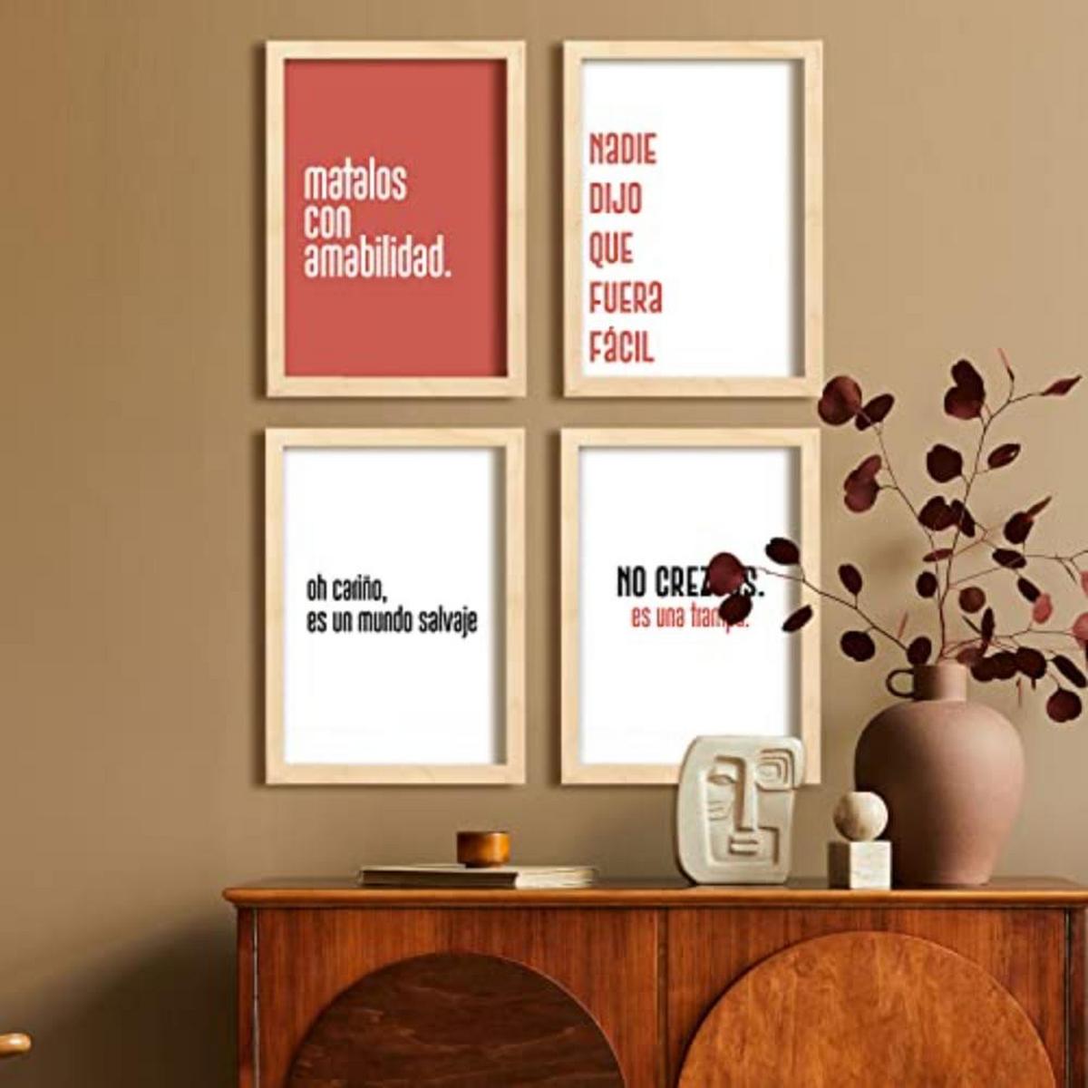 POSTER Set mit 4 Welt TypografieStil A3 Rahmen aus hellem Holz - Beige, Papier (29.7/3cm) - Nacnic