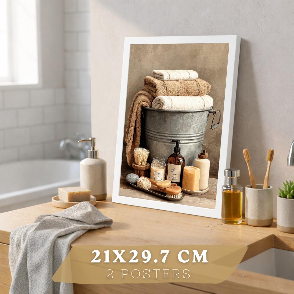 POSTER 2er-Set dekorative Badezimmerdrucke, rustikaler Stil, Vintage-Spa-Bilder mit Handtüchern und Badewanne,, Wohndekoration Weißer Rahmen A4 - Weiß, Papier (29.7/21/3cm) - Nacnic