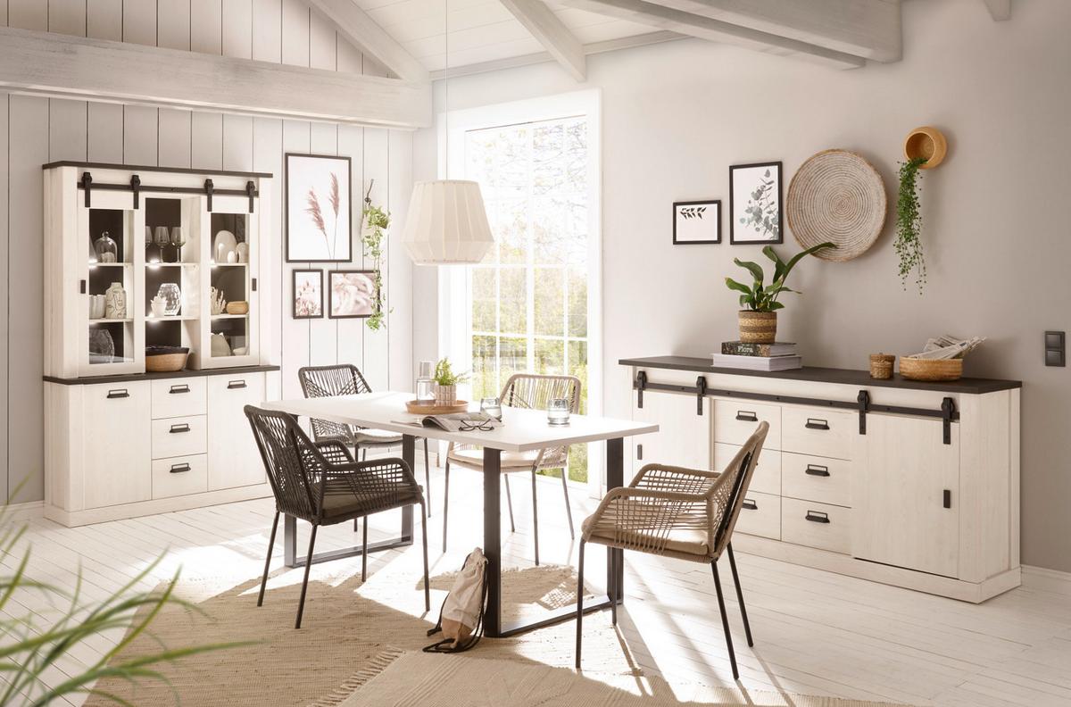KOMMODE weiß Pinie, anthrazit, Landhaus, Schiebetürenkommode 93 x 91 cm - Anthrazit/Weiß, Holzwerkstoff/Metall (93/91/38cm) - Furn.Design